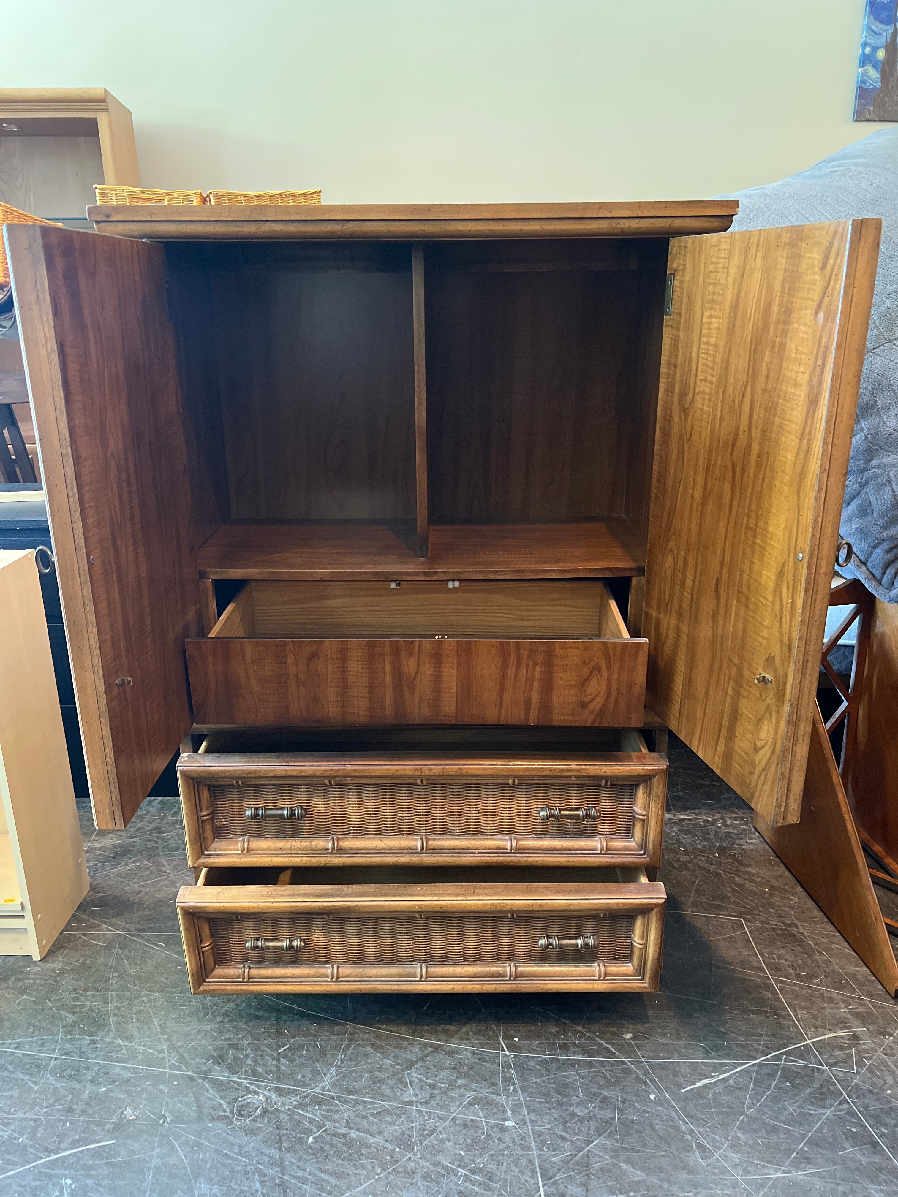 Vintage Bamboo Style Cabinet with Carved Panels