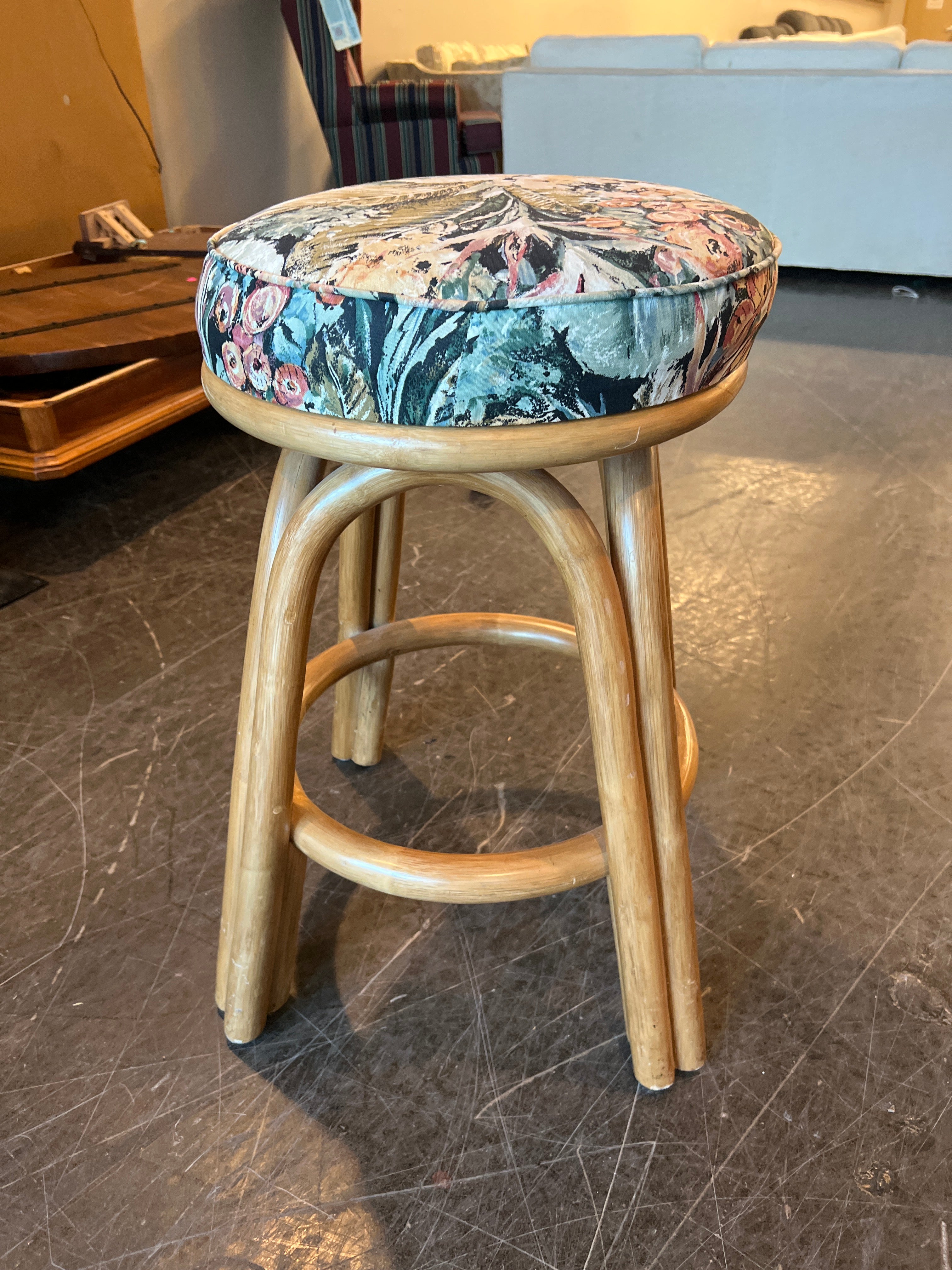 Rattan Bar Stool with Tropical Floral Cushion