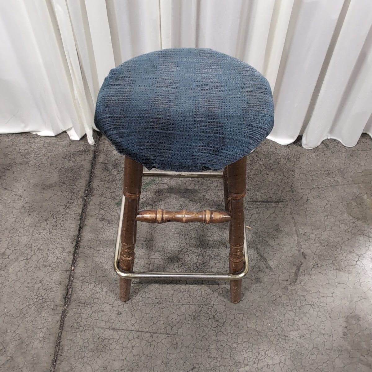 Set of Three Round Blue Upholstered Dark Wood Bar Stool