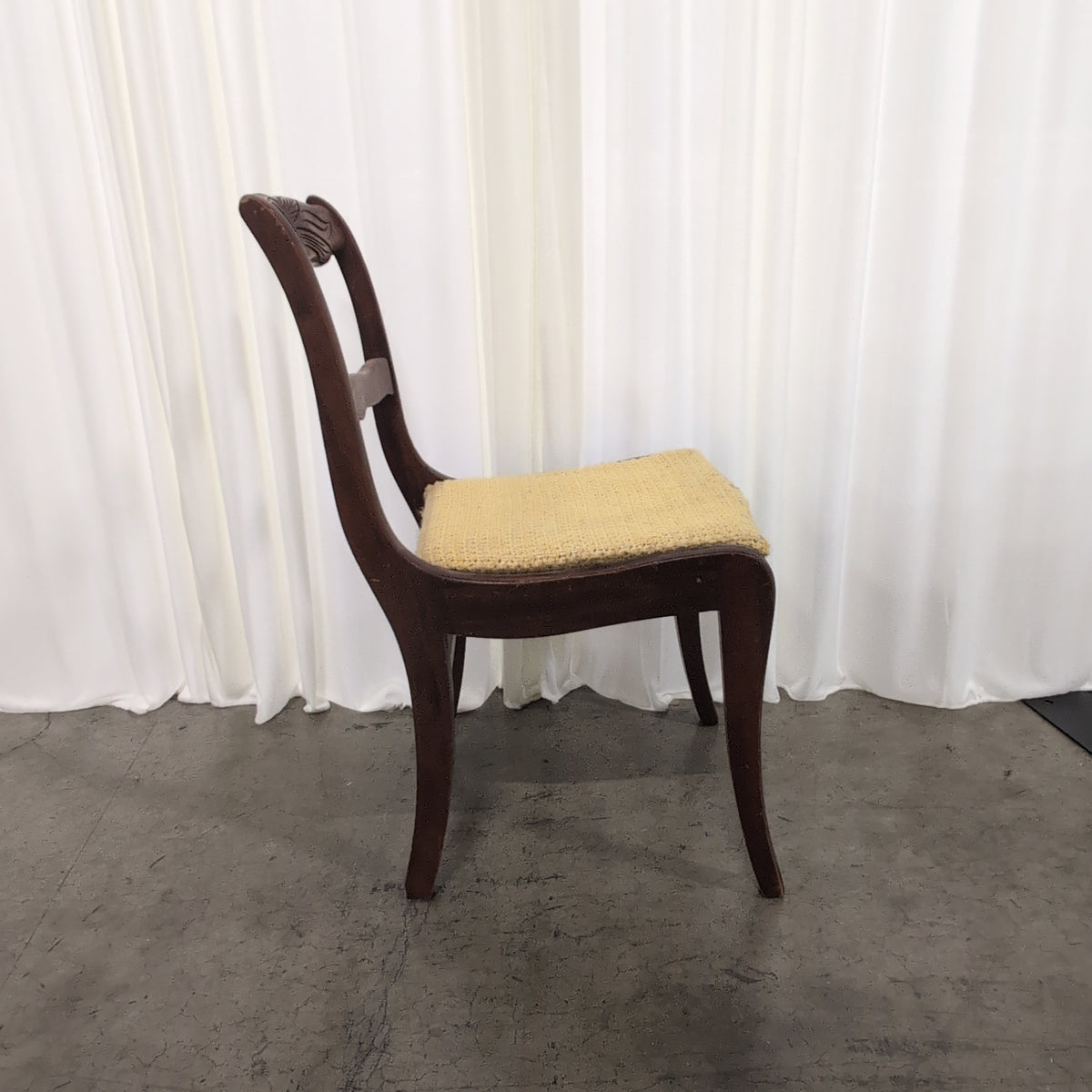 Traditional Dark Wood Carved Back Chair with Woven Seat