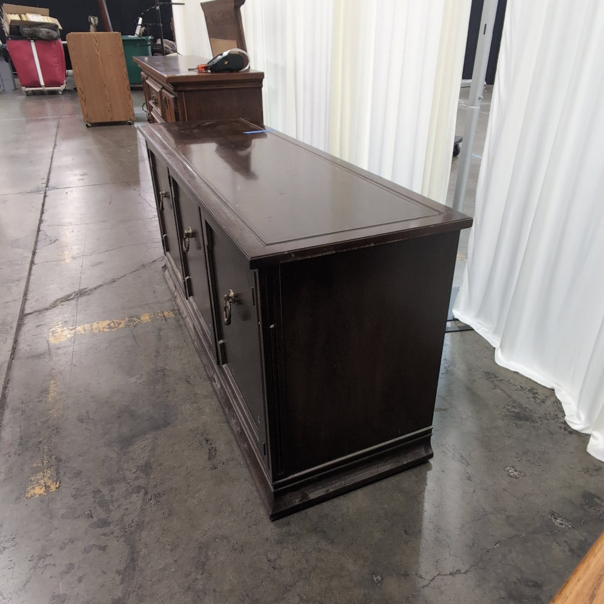 Dark Hardwood Three-Door Buffet with Ornate Pulls