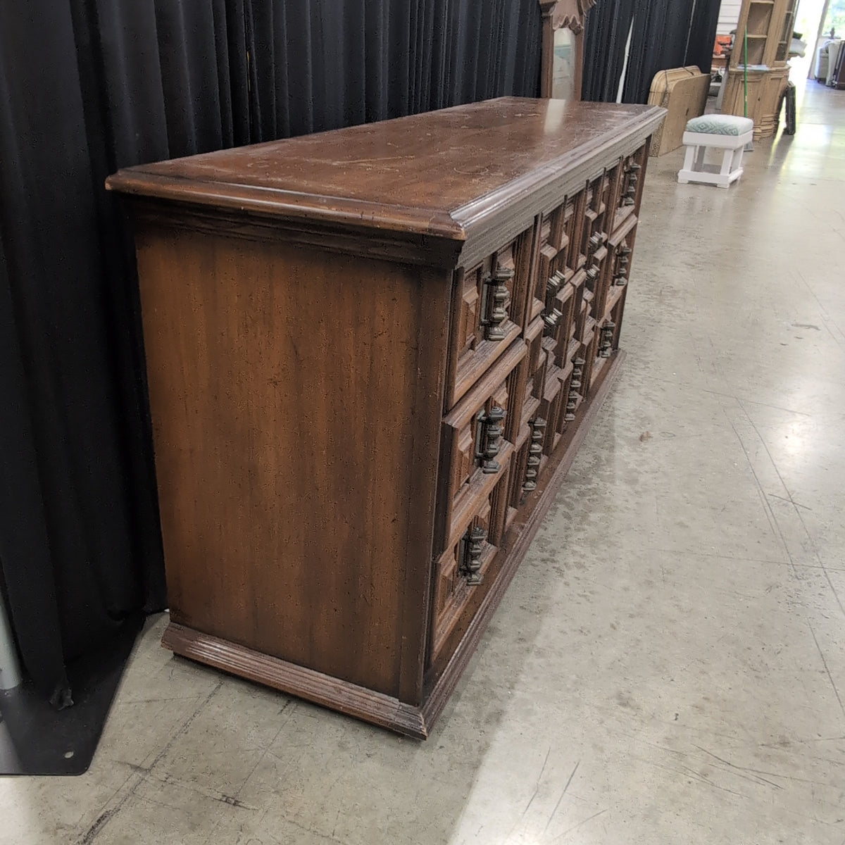 Brown Geometric Paneled Nine-Drawer Dresser in Hardwood
