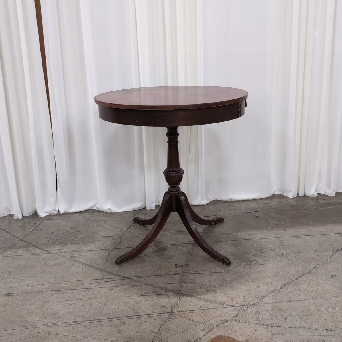 Two-Tone Wood Round End Table with Carved Details