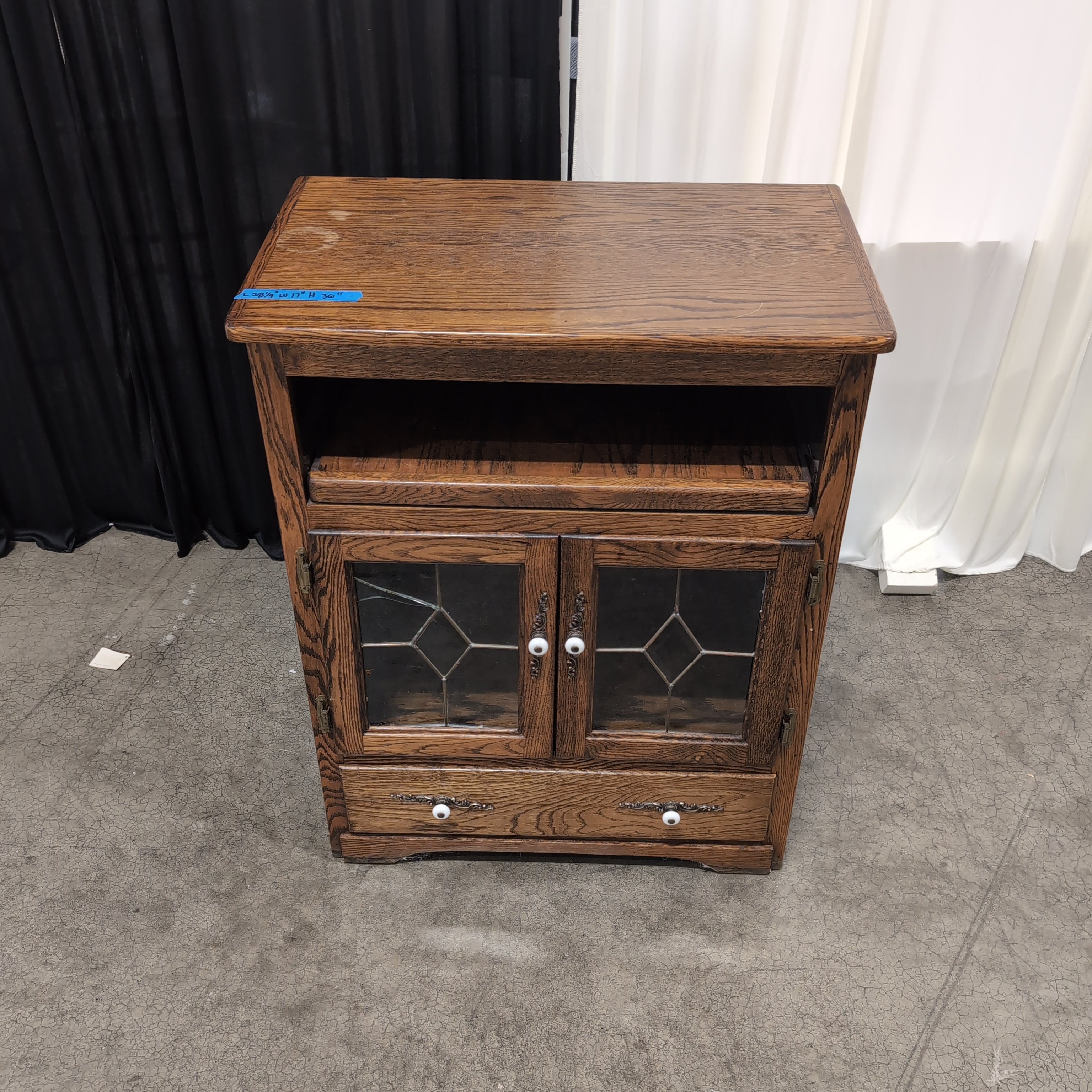 Stained Oak Wood TV Stand with Leaded Glass Doors
