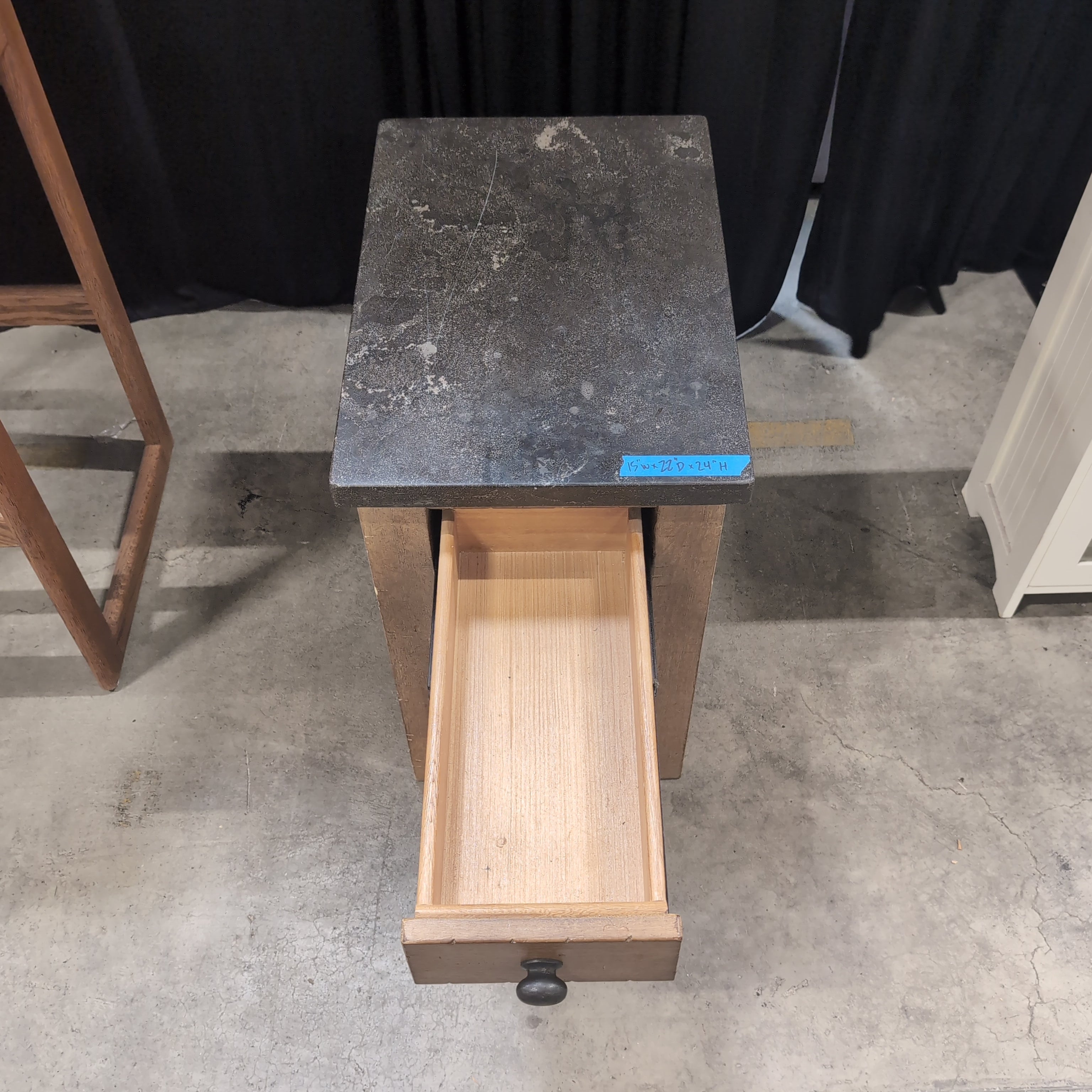Natural Wood End Table with Dark Stone Top