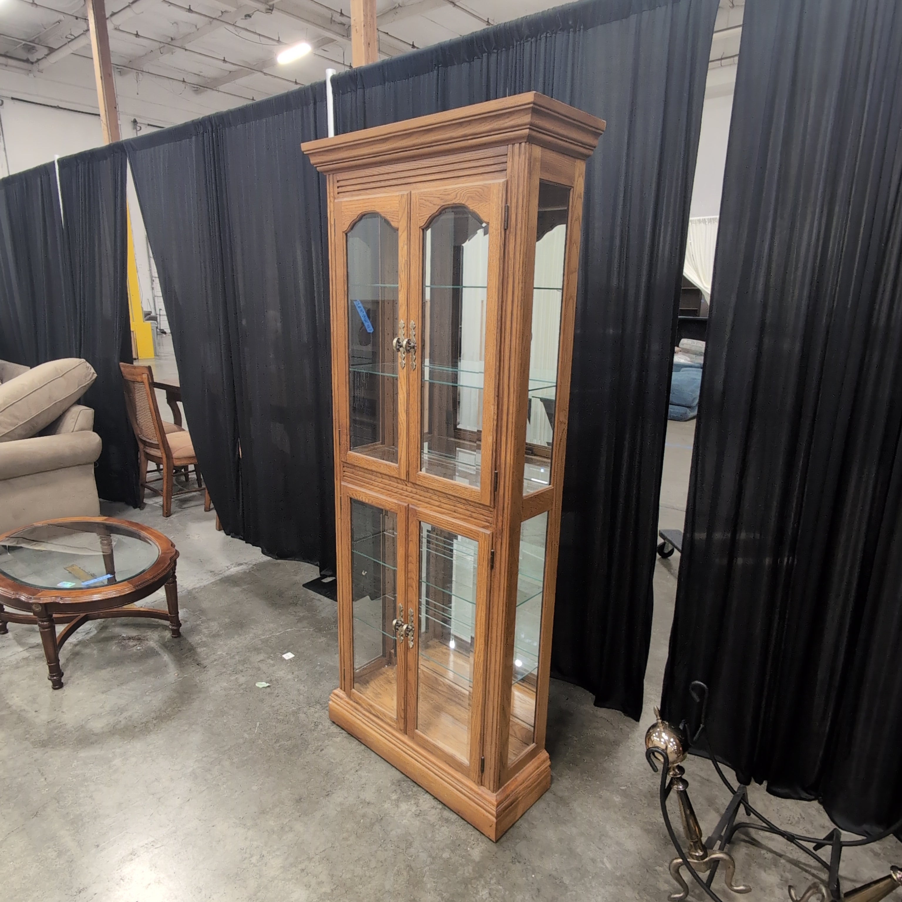 Traditional Medium Oak Wood China Cabinet with Ornate Hardware
