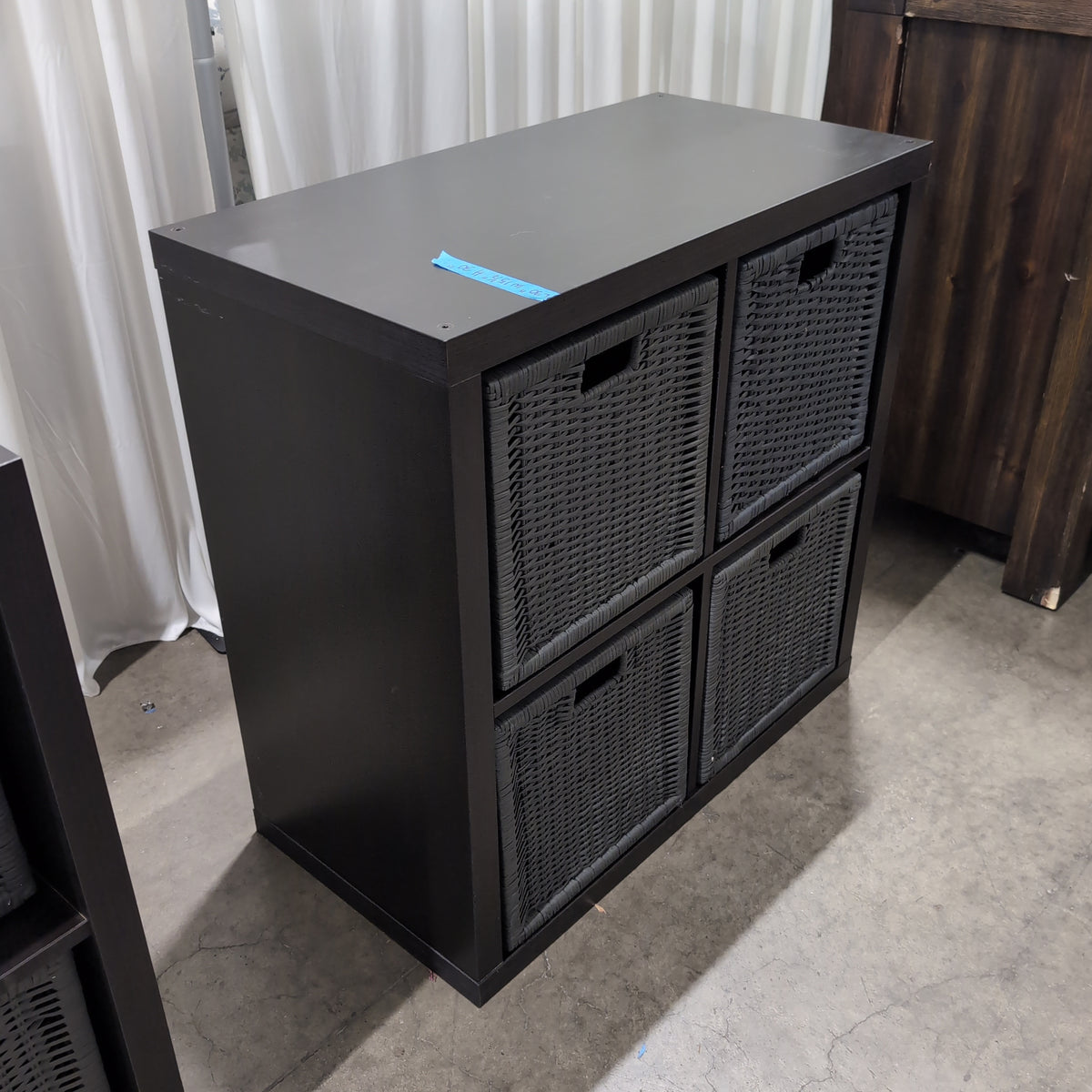 Dark Brown Four-Cube Storage Unit with Woven Baskets