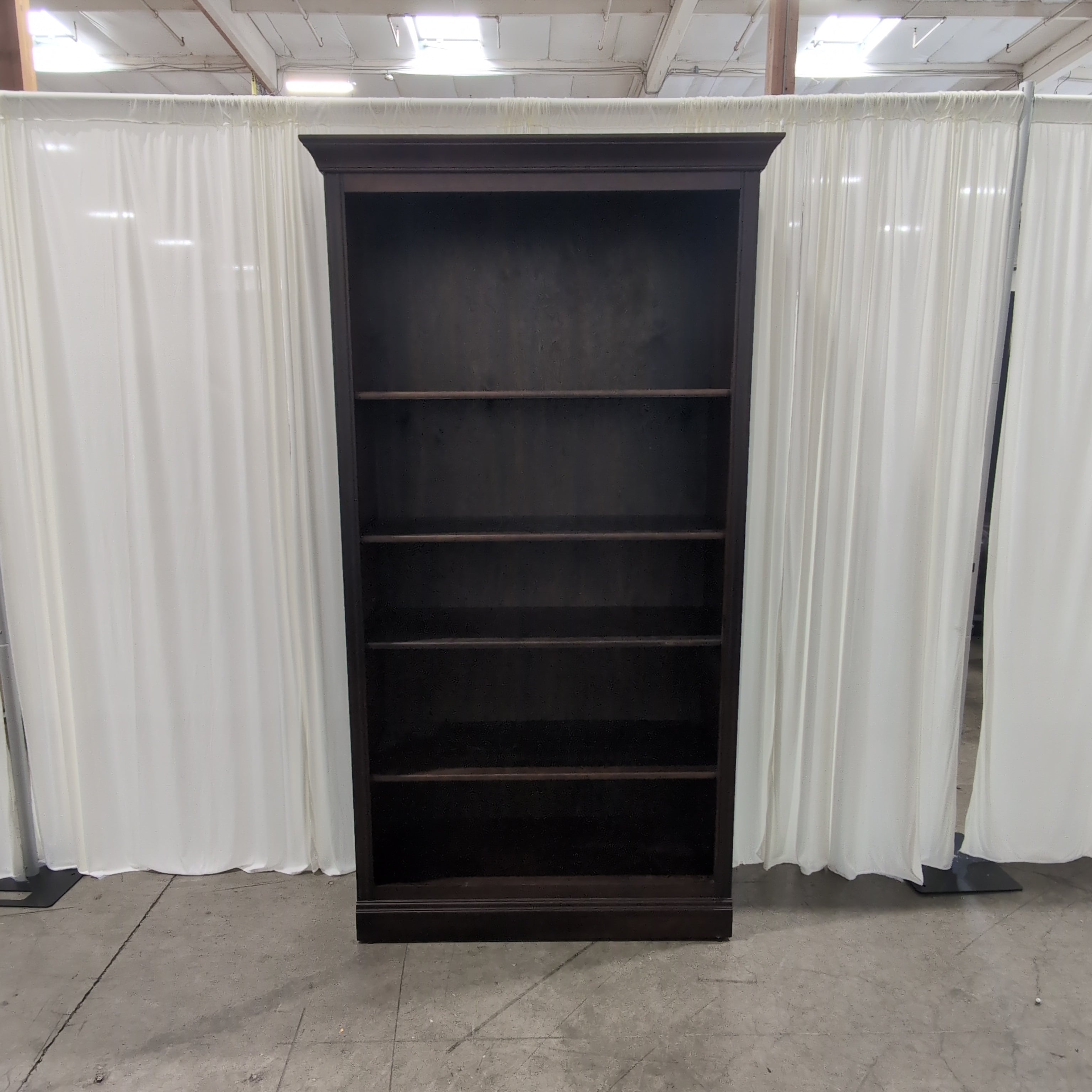 Dark Wood Five-Shelf Bookcase with Crown Molding
