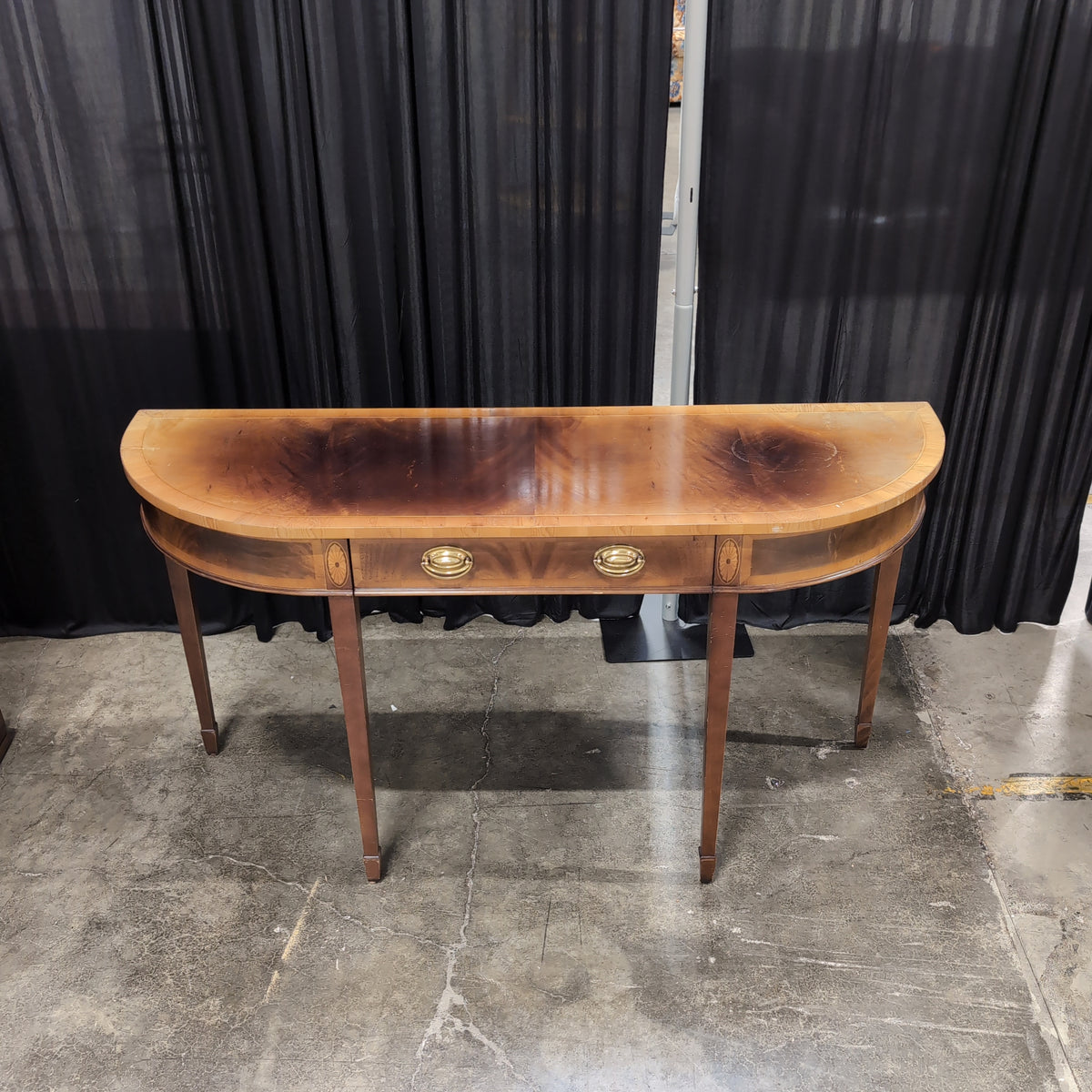 Semicircular Dark Wood Console Table with Brass Hardware