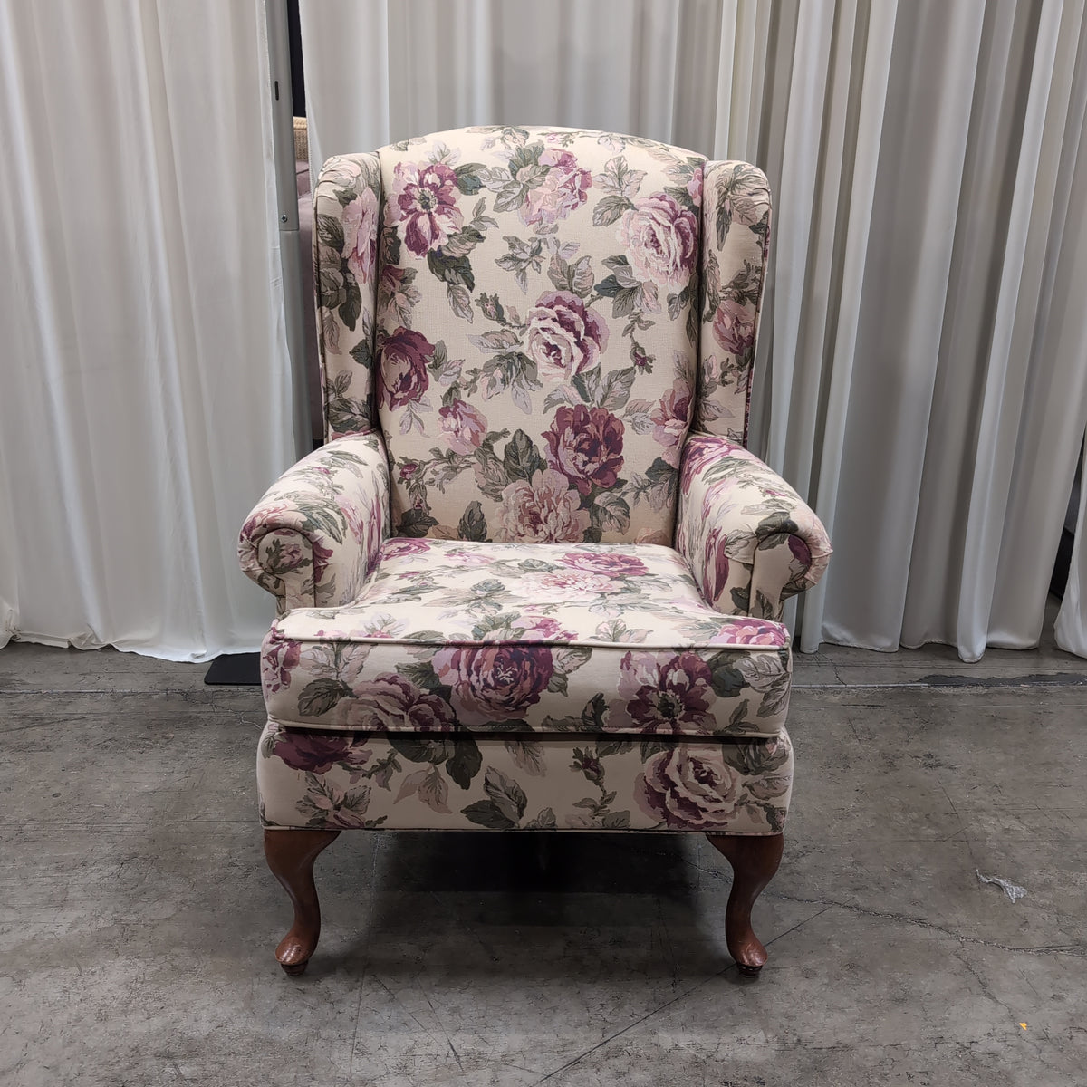 Cream Floral Upholstered Wingback Chair with Cabriole Legs