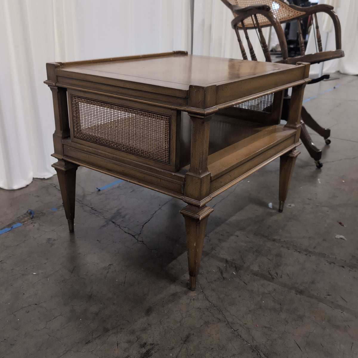 Brown Wood Two-Tier End Table with Cane Sides