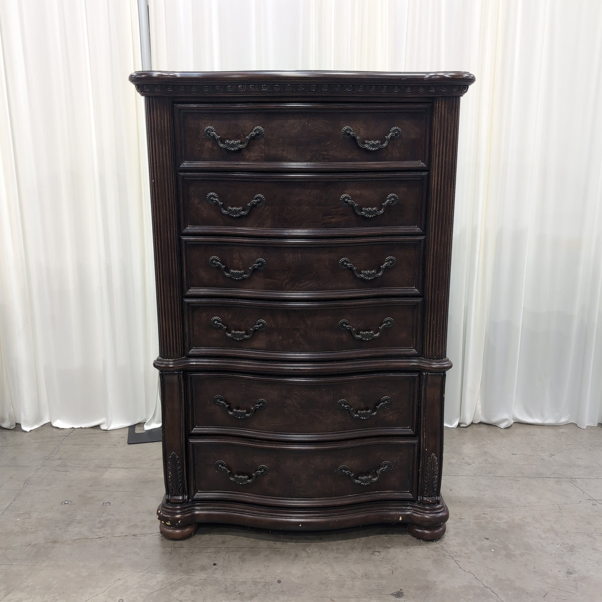 Traditional Dark Wood Tall Six-Drawer Dresser with Ornate Hardware