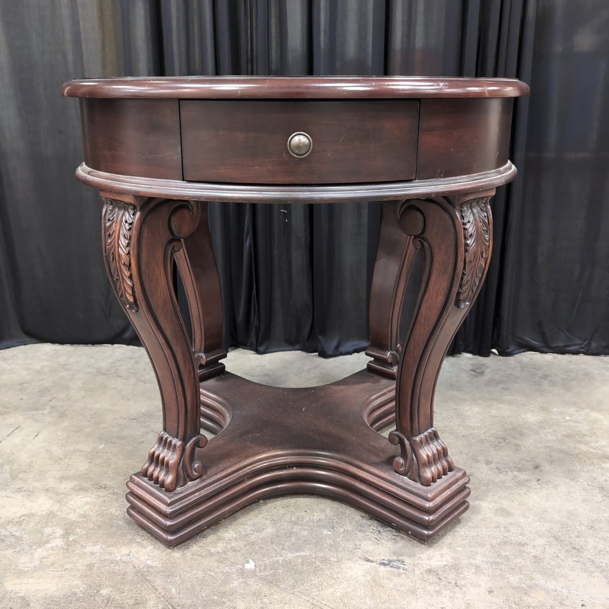 Dark Wood Round End Table with Starburst Inlay
