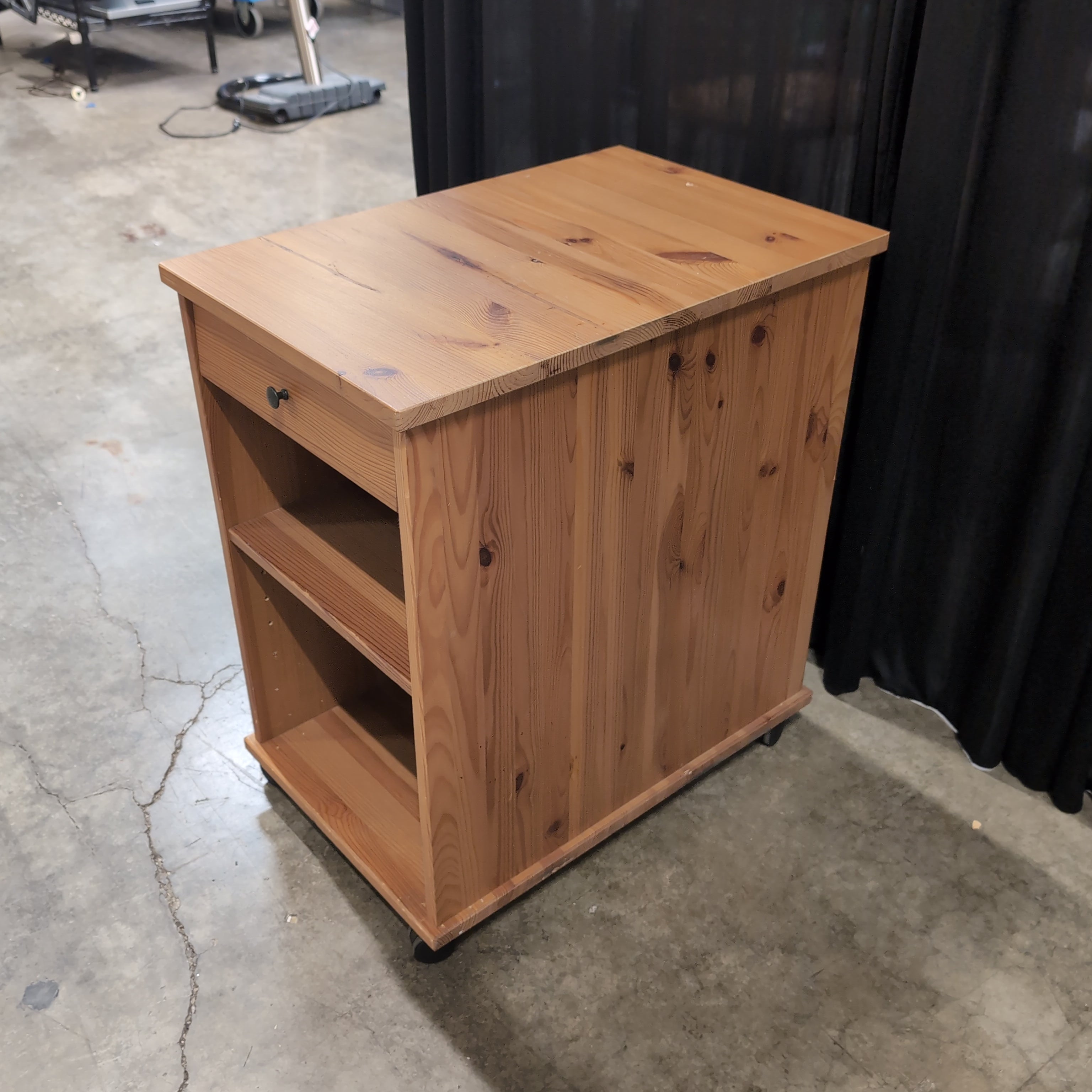 Pine Wood Nightstand with Open Shelves and Casters