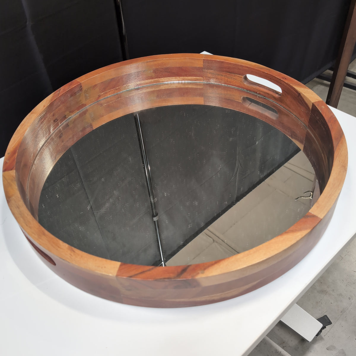 Oval Segmented Wood Mirror with Handle Slots