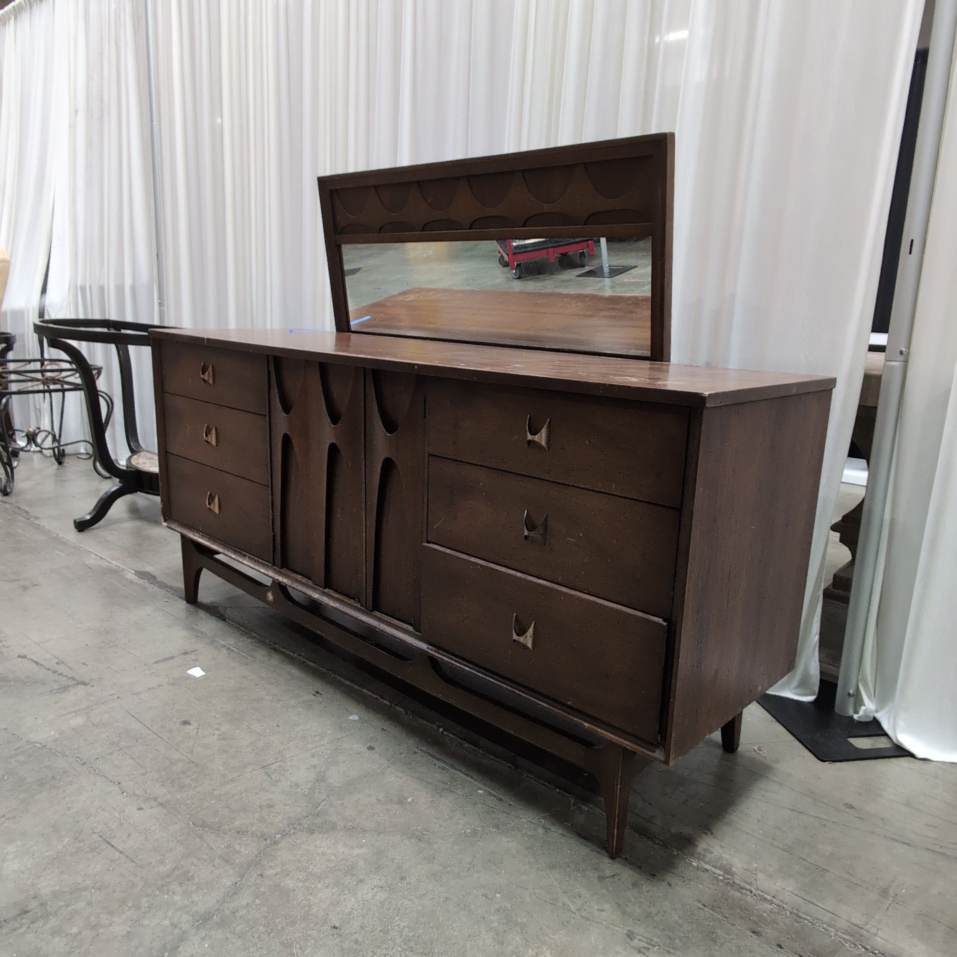 Mid-Century Modern Dark Wood Dresser with Matching Mirror