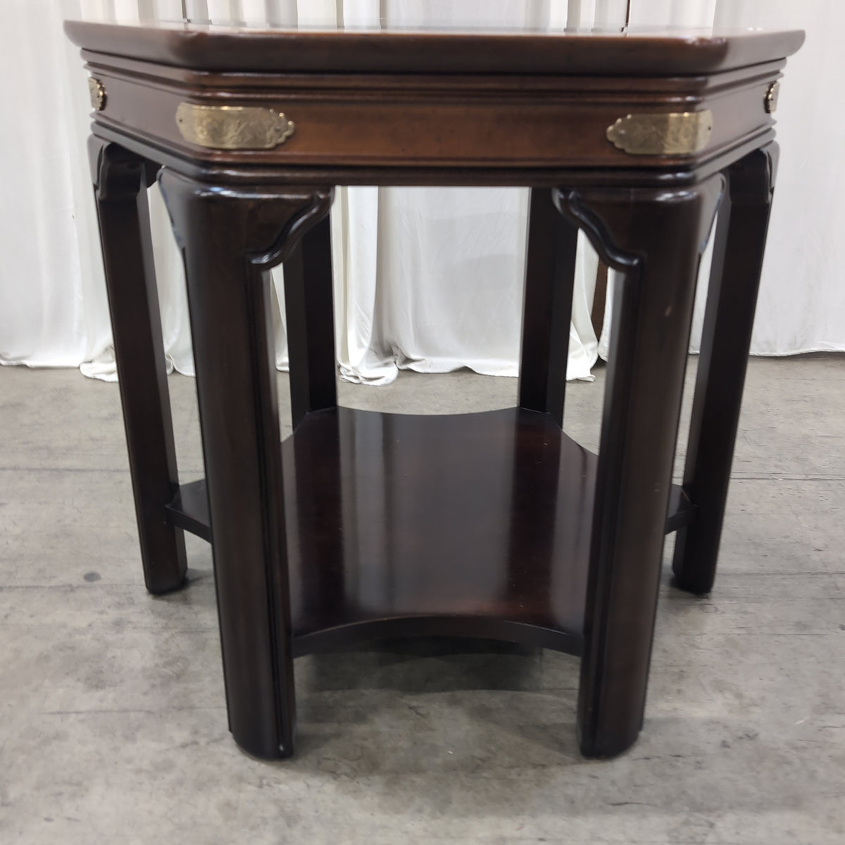 Hexagonal Dark Wood End Table with Glass Top
