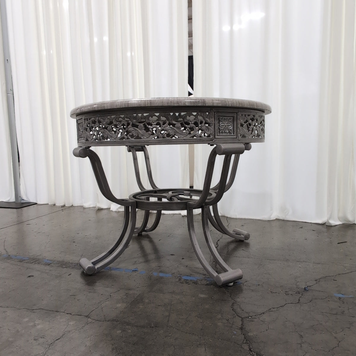 Grey Stone Top Round End Table with Ornate Metal Base