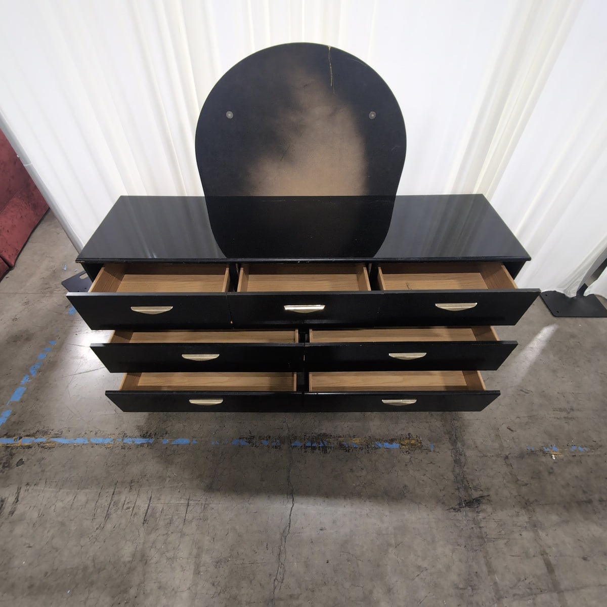 Black Glossy Six-Drawer Dresser with Mirror