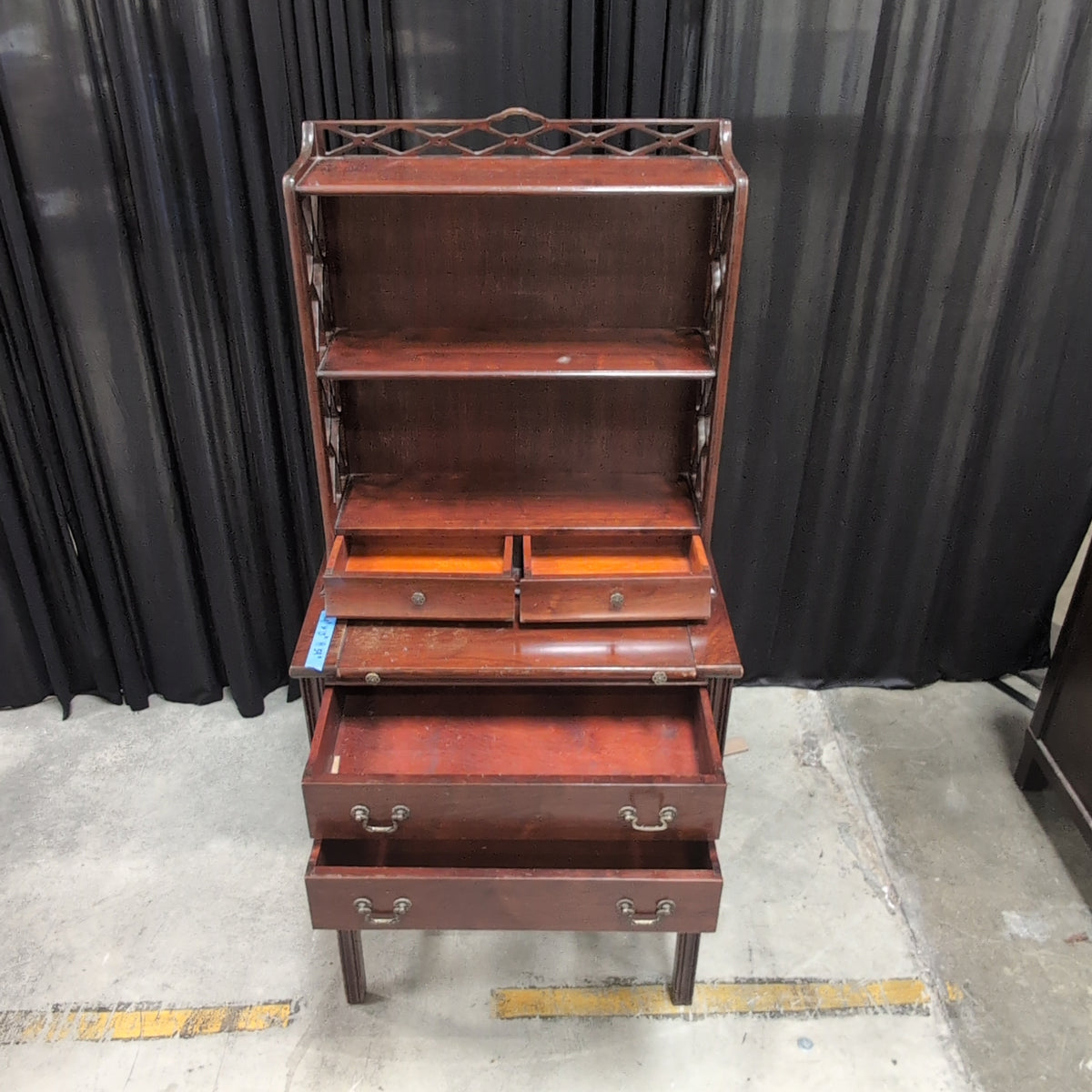 Traditional Dark Wood Drop-Front Desk with Fretwork Hutch