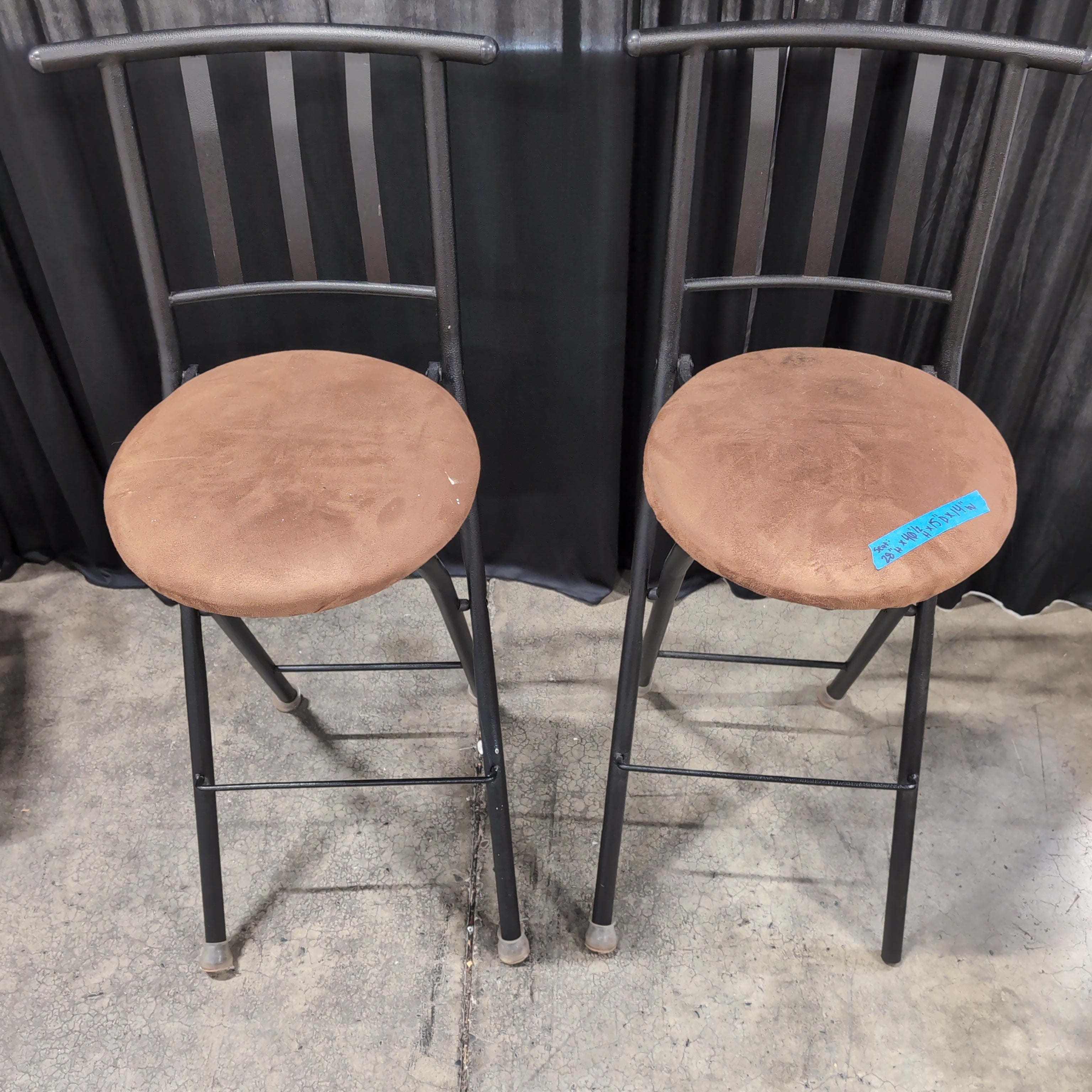 Pair of Grey Metal Ladder Back Bar Stools with Brown Upholstery