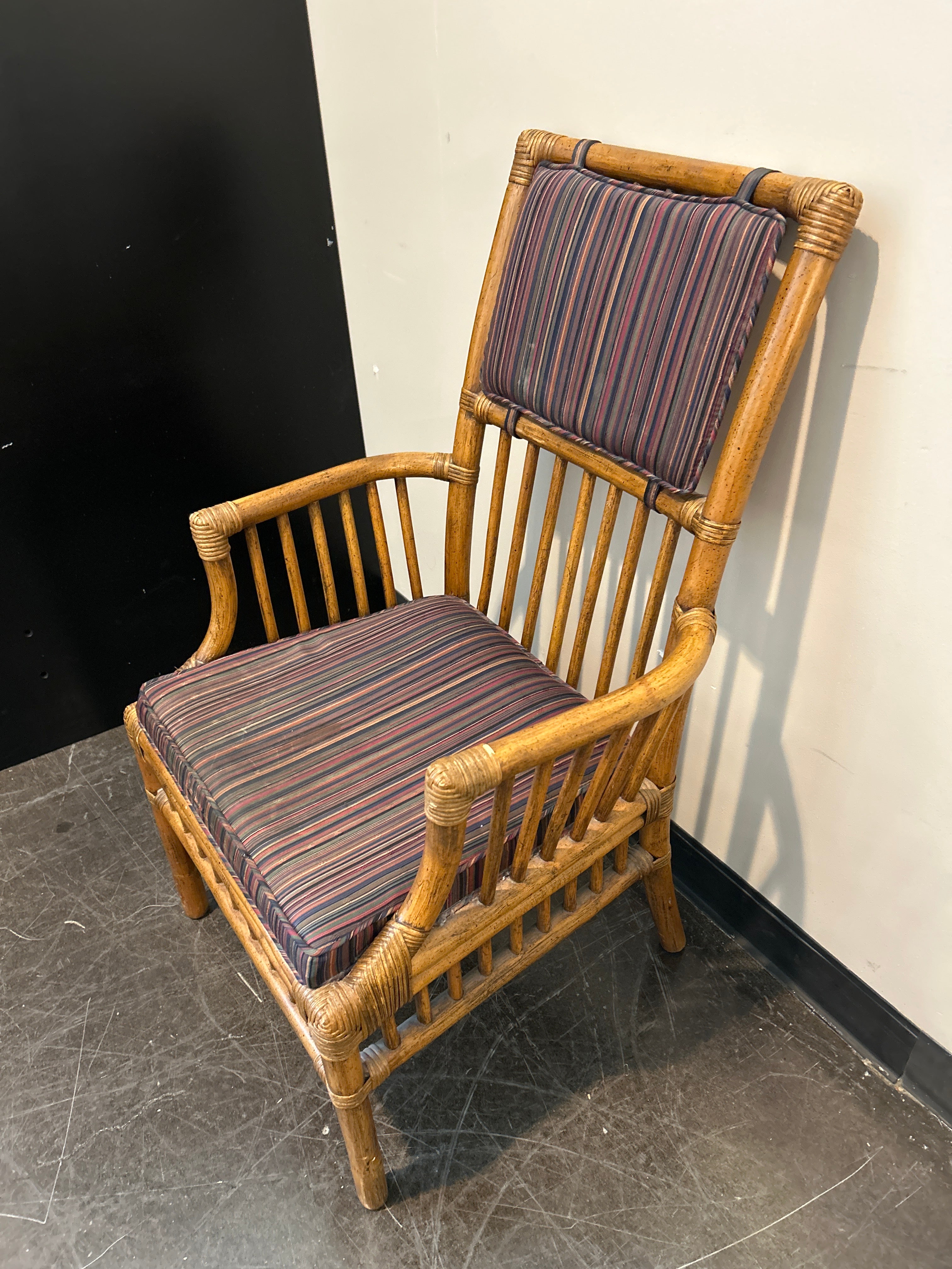 Henredon Bamboo Rattan Captain’s Chair Set – Striped Cushion, with Arms