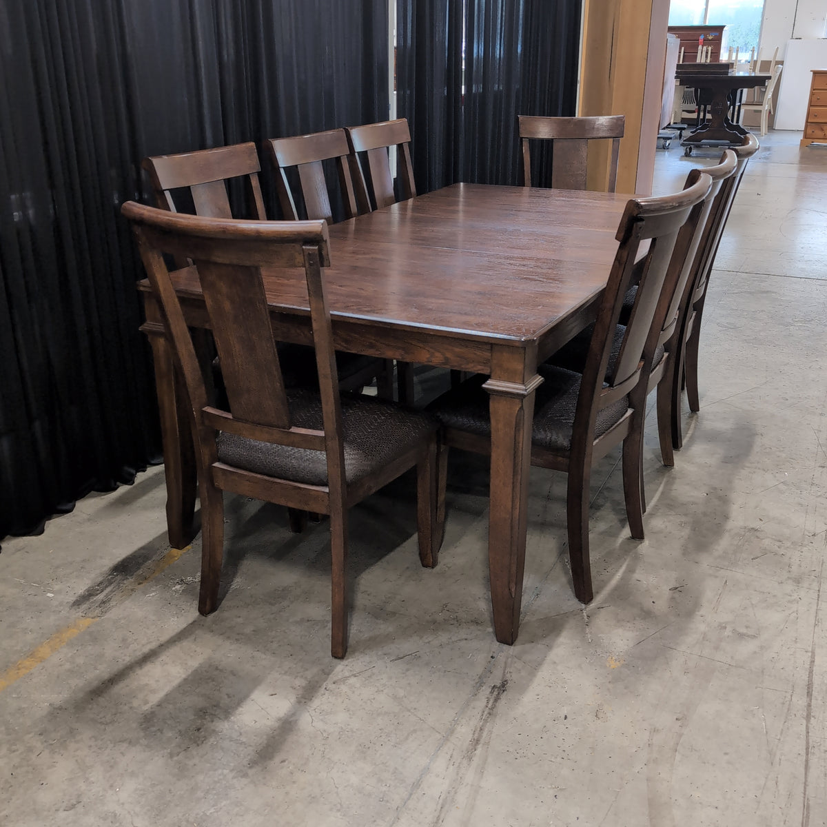 Dark Stained Wood Rectangular Dining Table with Six Chairs