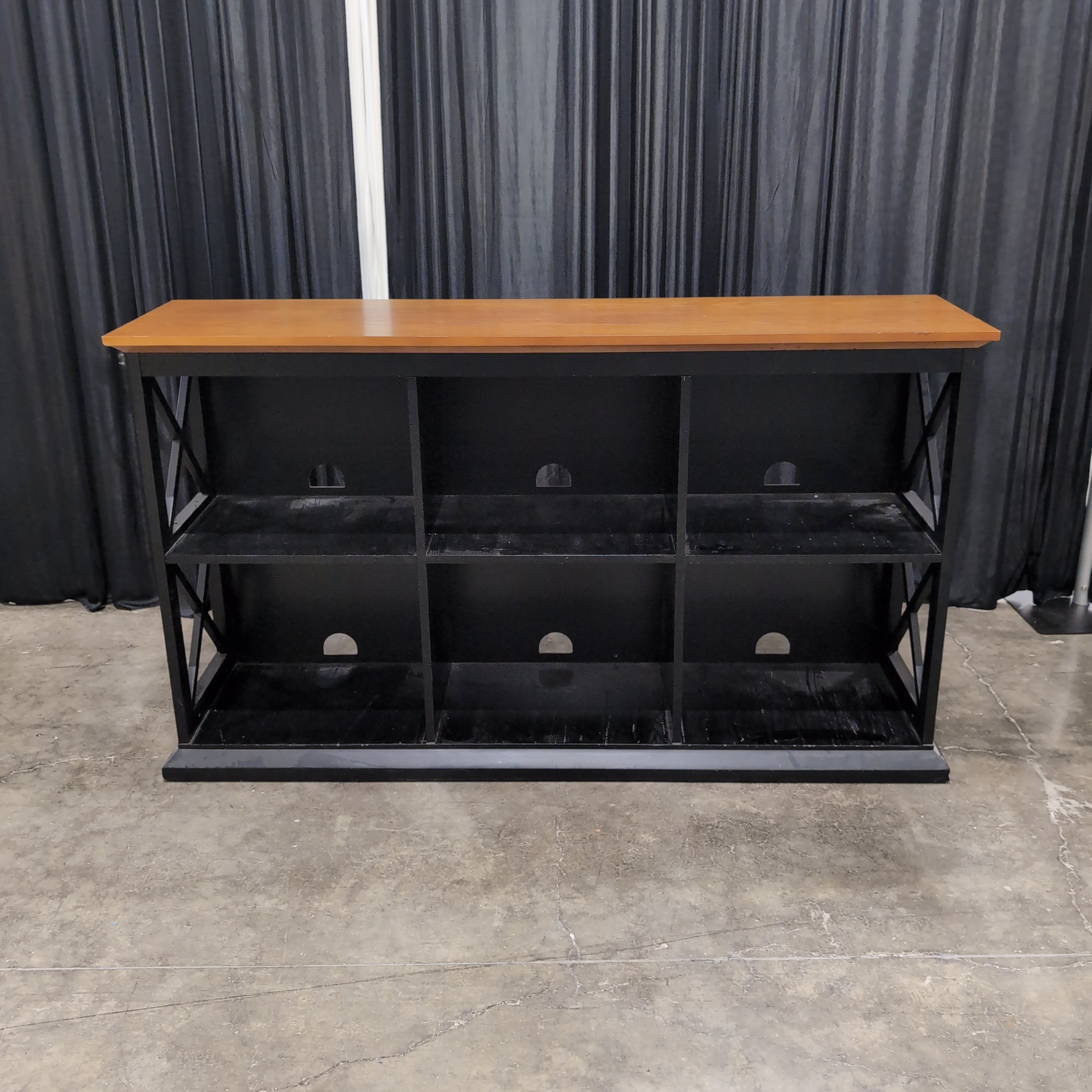 Two-Tone Wood and Black TV Stand with Geometric Shelving
