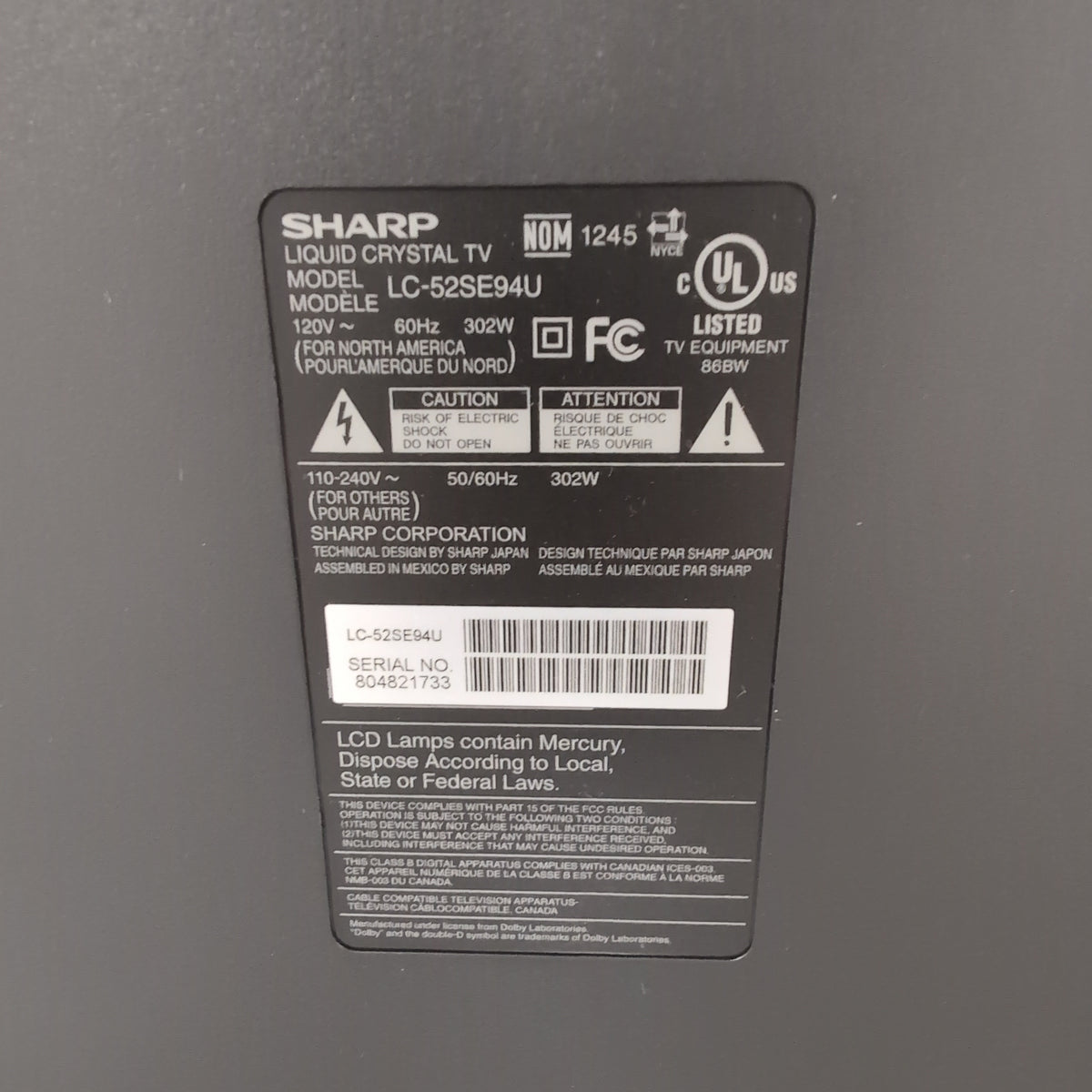 Sharp Aquos Black Flat Screen Television with Remote
