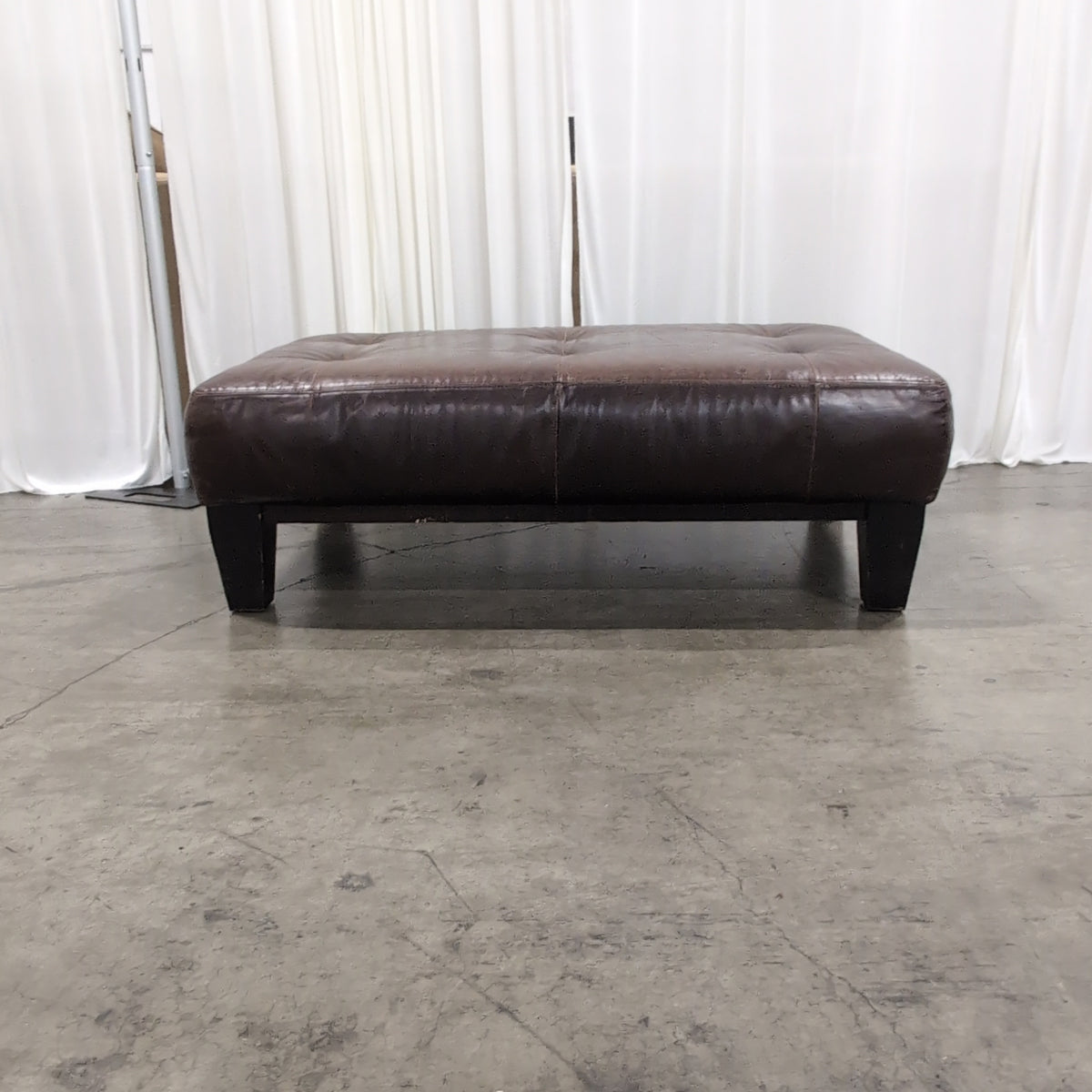 Rectangular Brown Leather Ottoman with Tufted Top