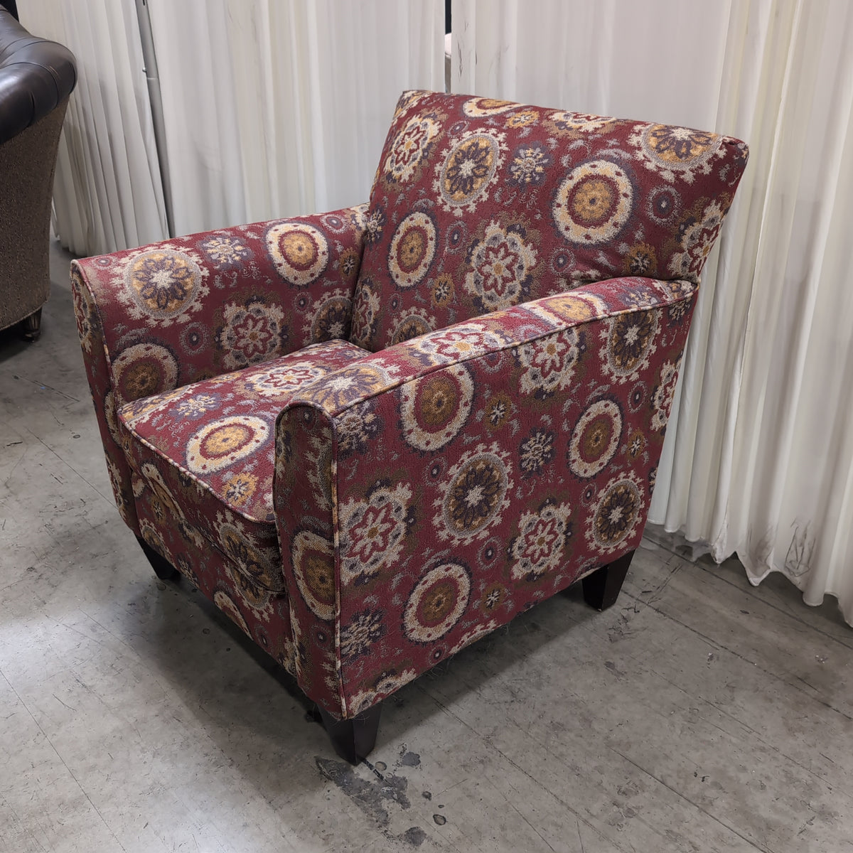 Burgundy Medallion Pattern Armchair with Rolled Arms