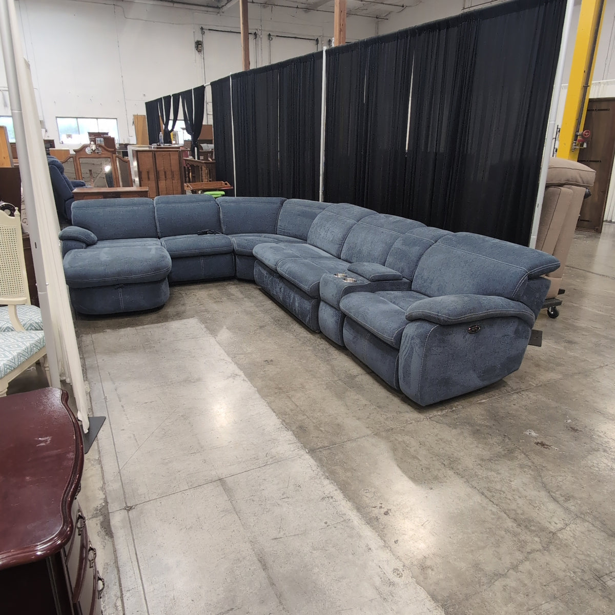 Slate Blue Fabric Reclining Sectional Couch with Cupholders
