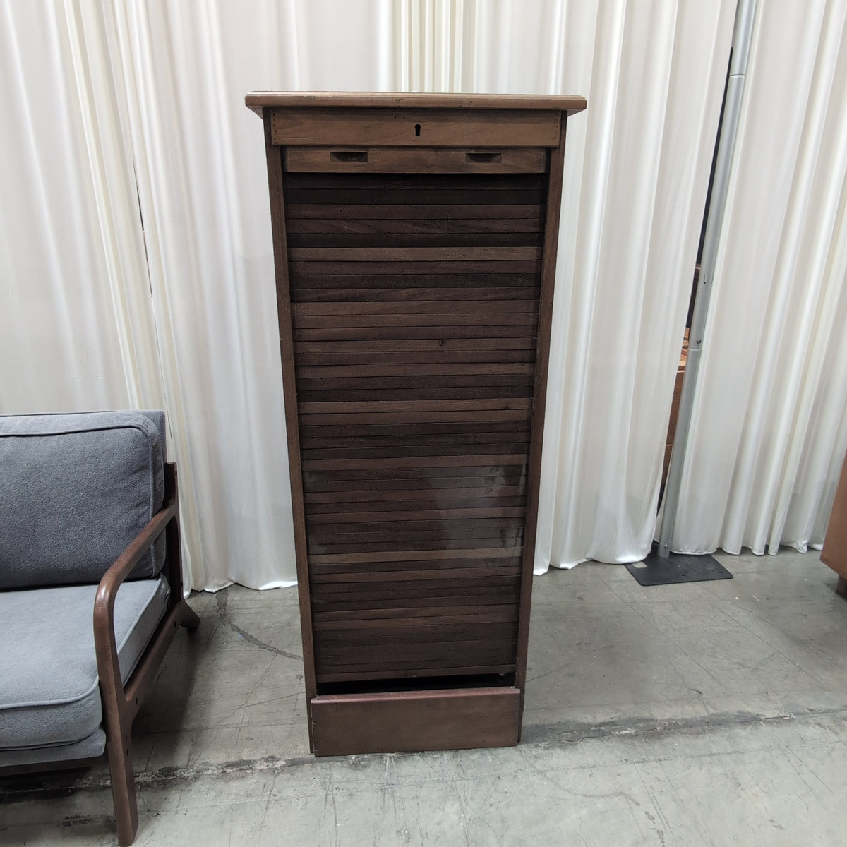 Medium Brown Wood Roll-Top Cabinet with Single Drawer