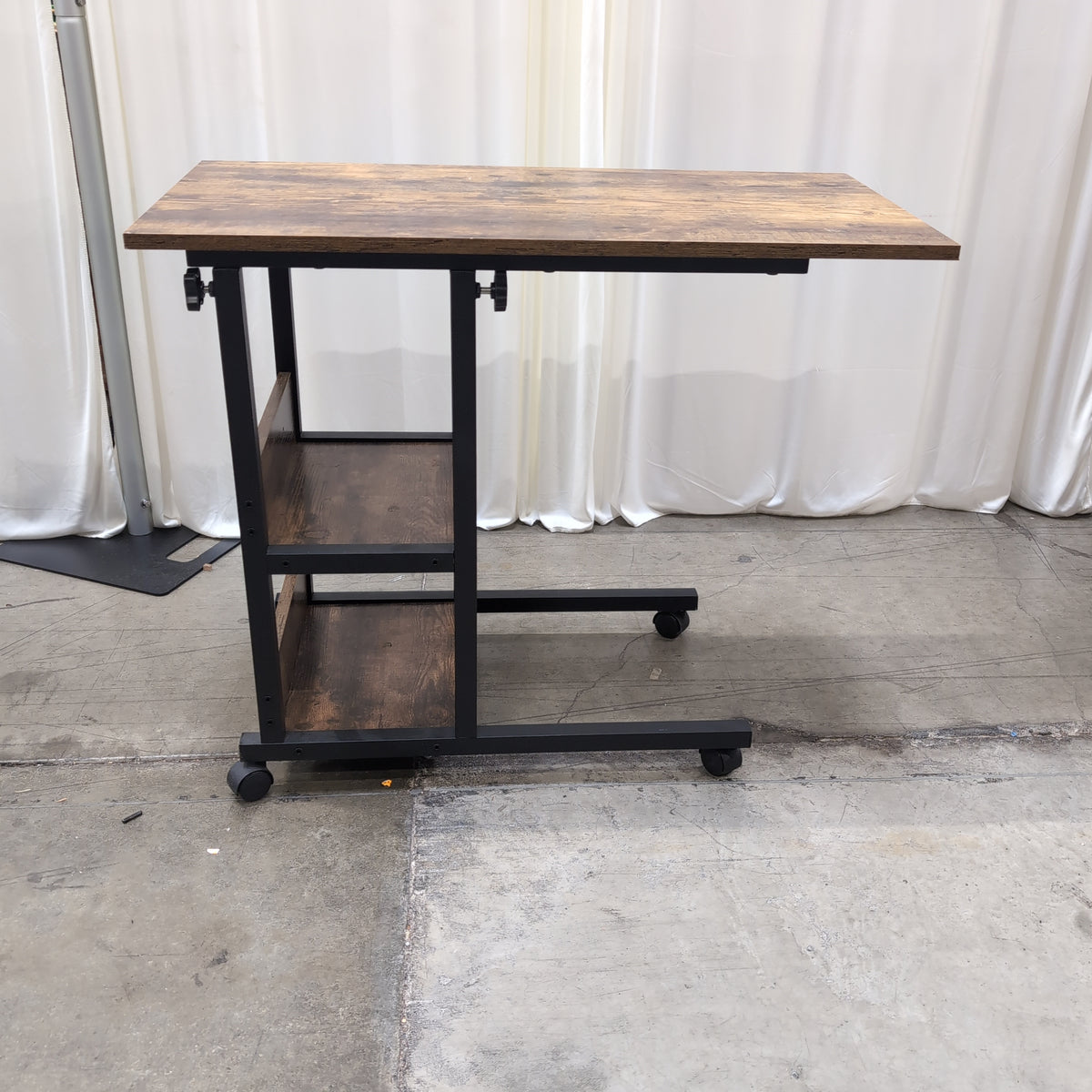 Two-Tier Dark Wood and Metal End Table with Wheels