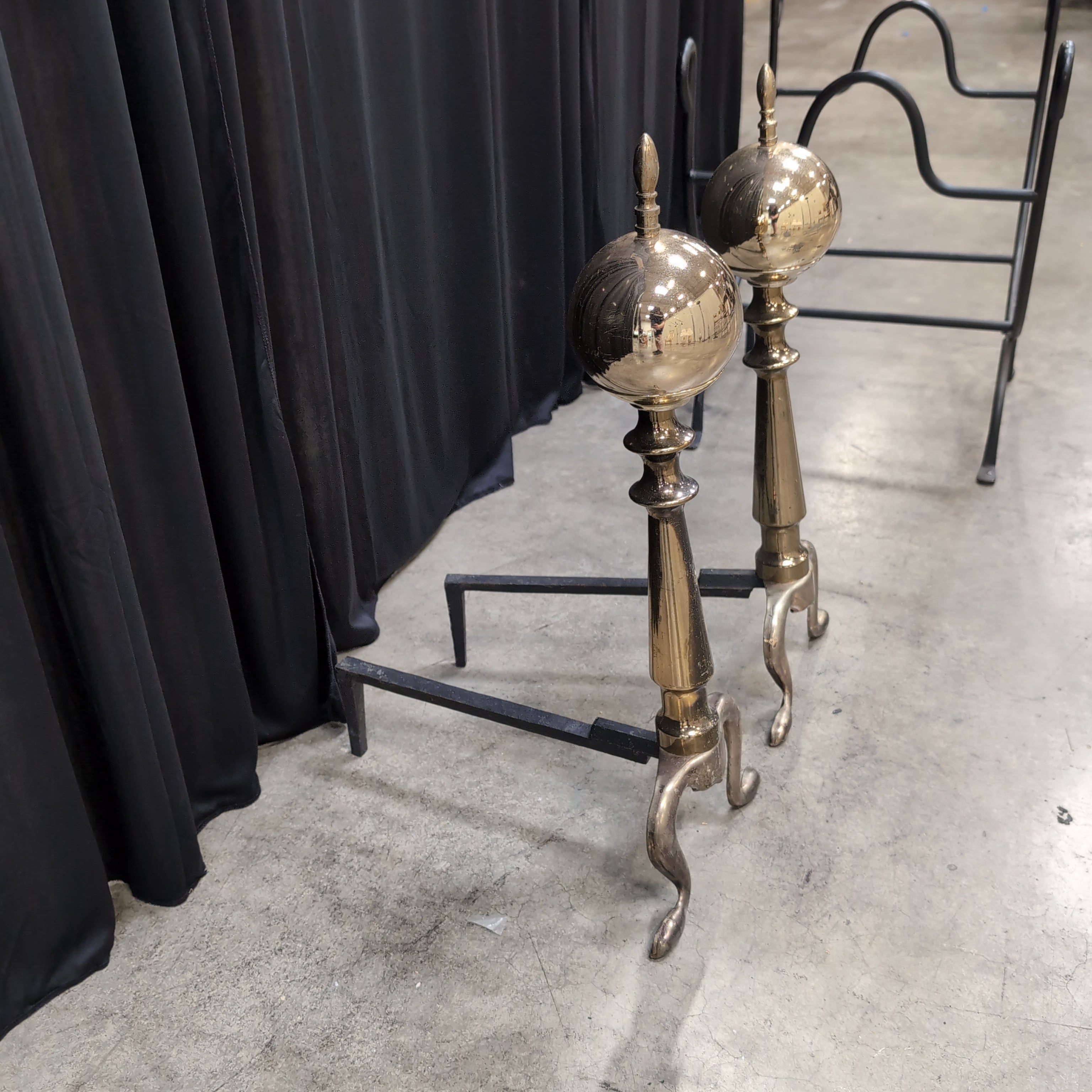 Pair of vintage polished brass cannonball Log Supports