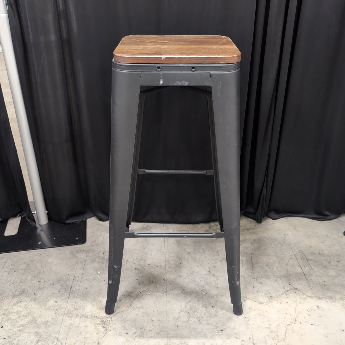 Industrial Dark Gray Metal Stool with Wood Top