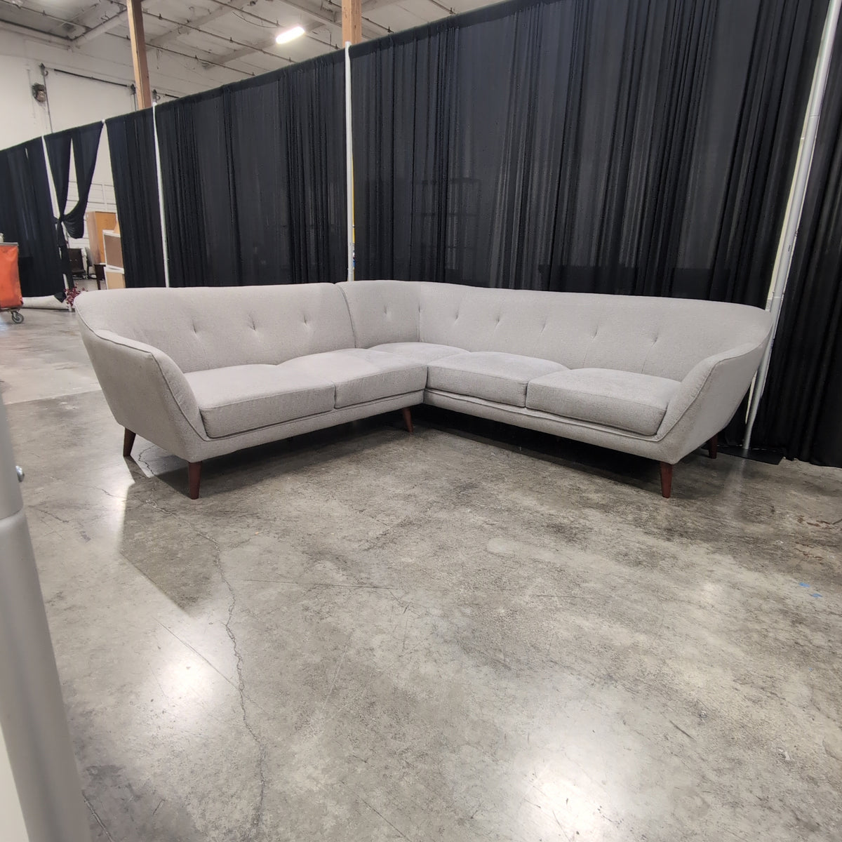 Mid-Century Inspired Light Grey Sectional Couch in Fabric