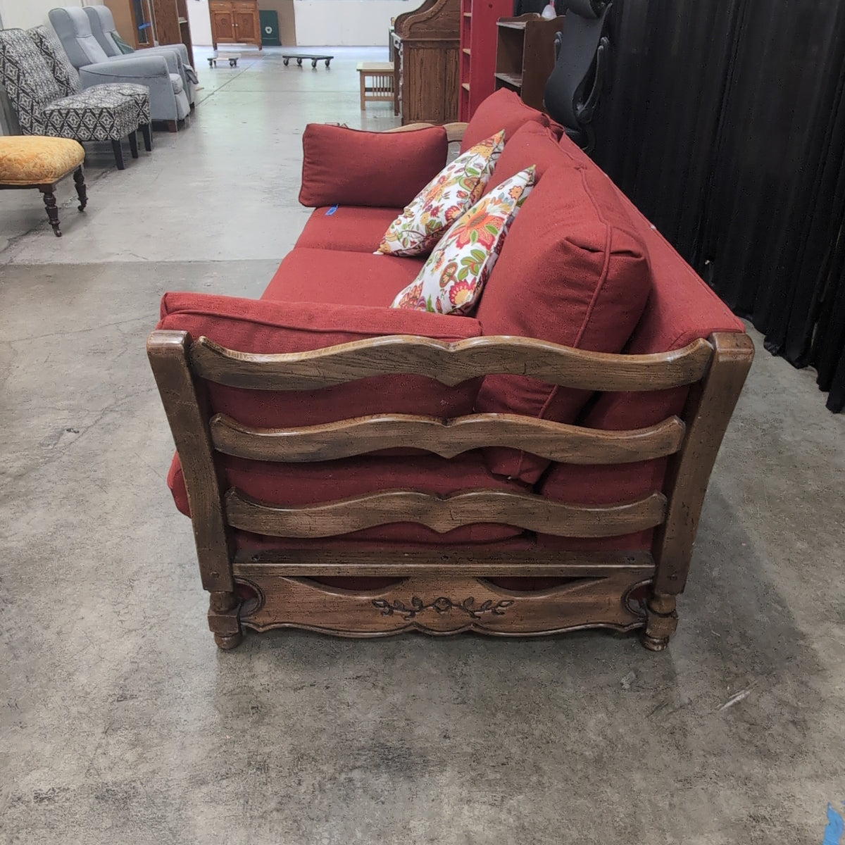 French Provincial Style Red Couch with Carved Wood