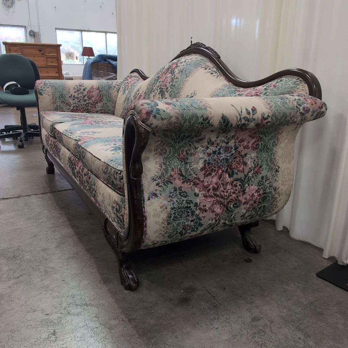 Traditional Carved Wood Daybed with Floral Upholstery