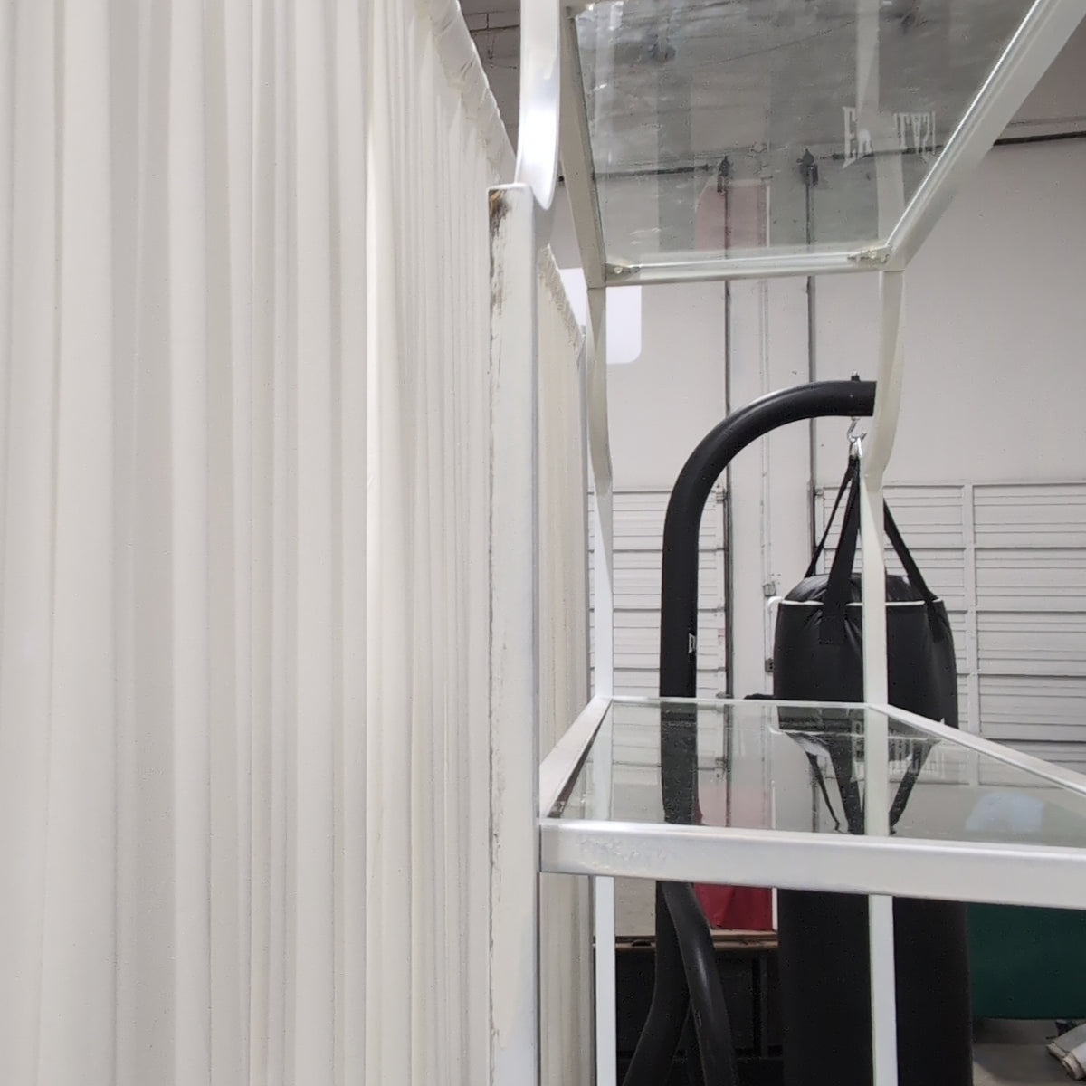 Modern White Metal Bookcase with Glass Shelves