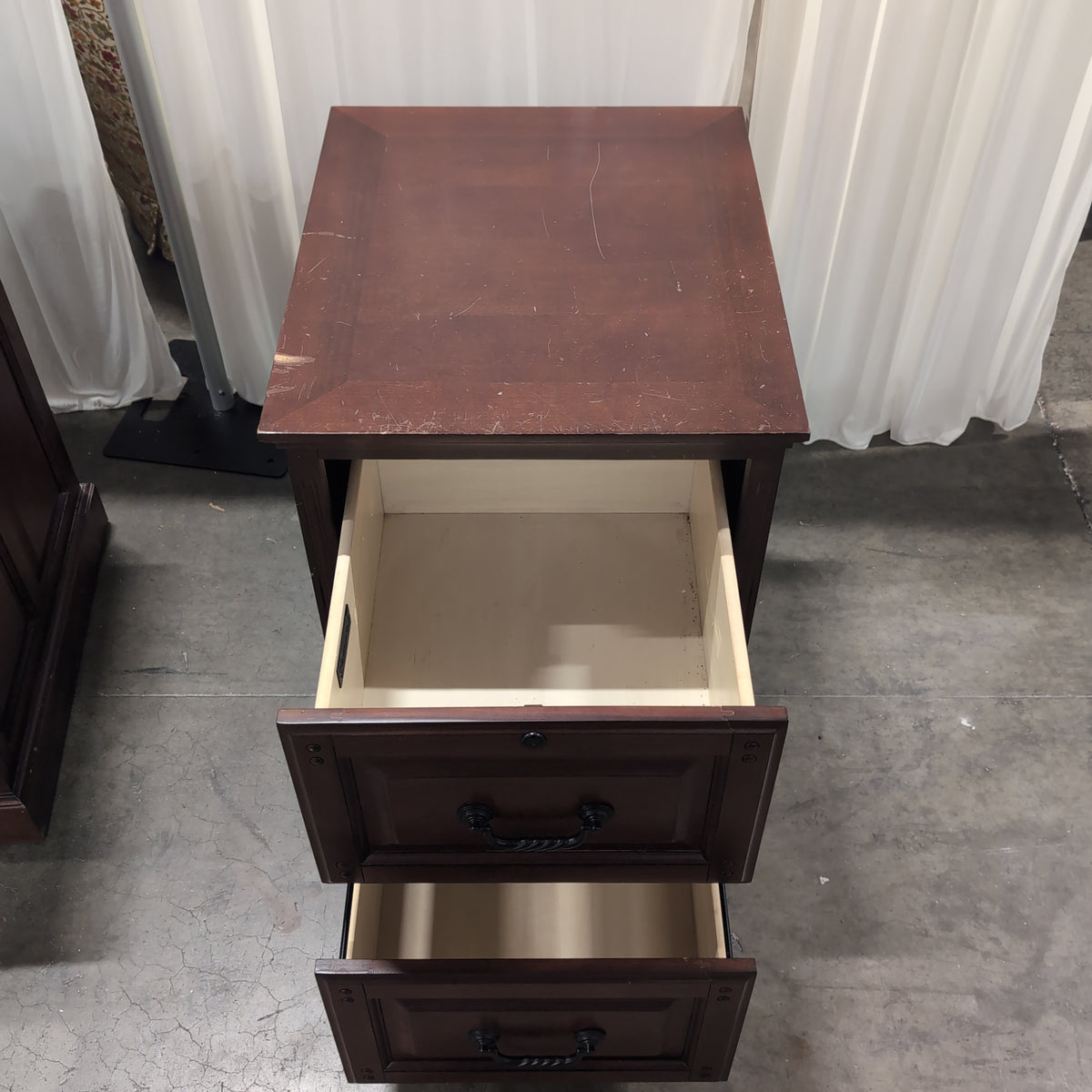 Dark Wood Two-Drawer Filing Cabinet with Ornate Pulls