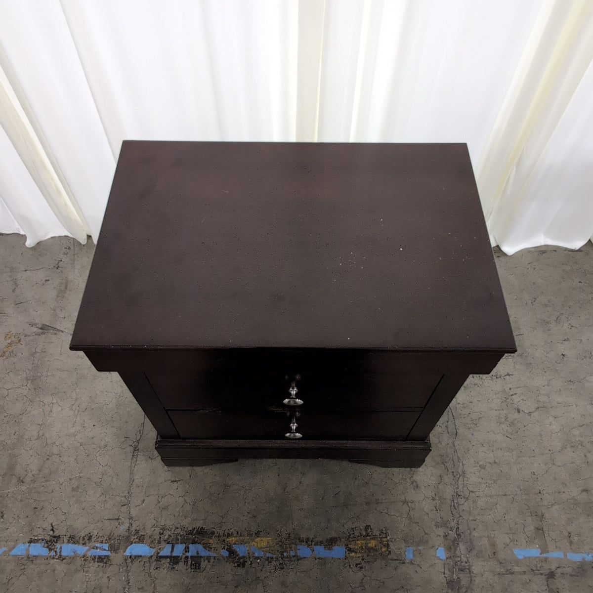 Dark Brown Two-Drawer Nightstand with Silver Knobs