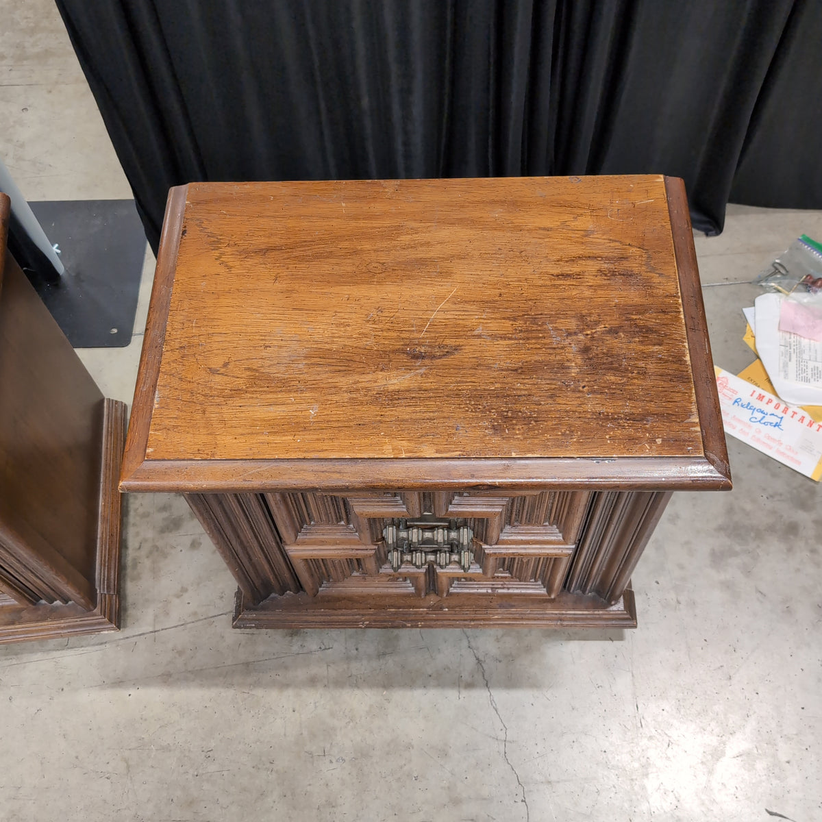 Pair of Ornate Dark Brown Wood Nightstand with Carved Panels