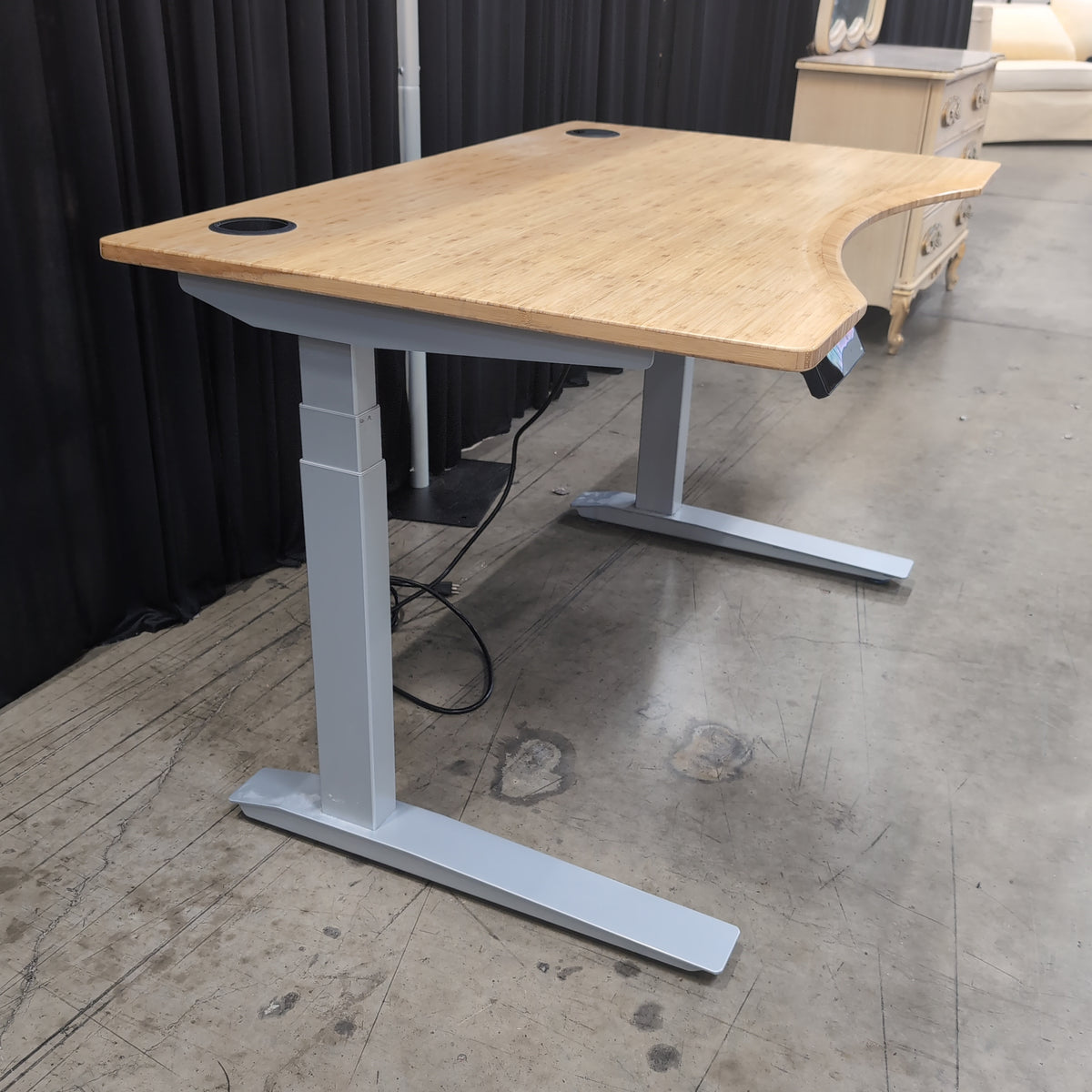 Light Wood Adjustable Height Desk with Curved Front