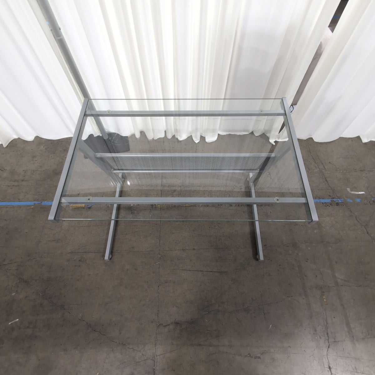 Modern Silver Metal and Glass Desk with Perforated Shelf
