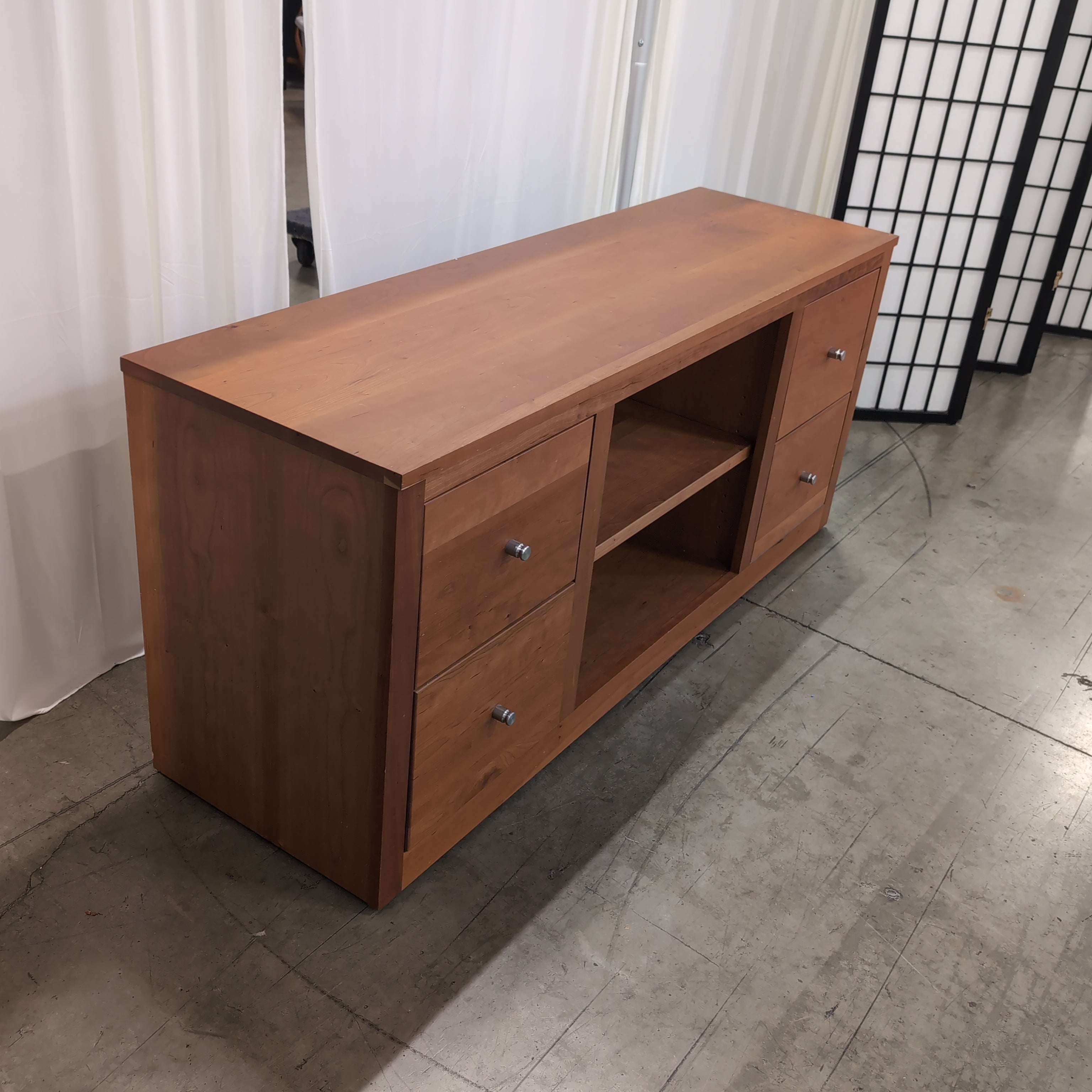 Brown Hardwood Long TV Stand with Silver Hardware