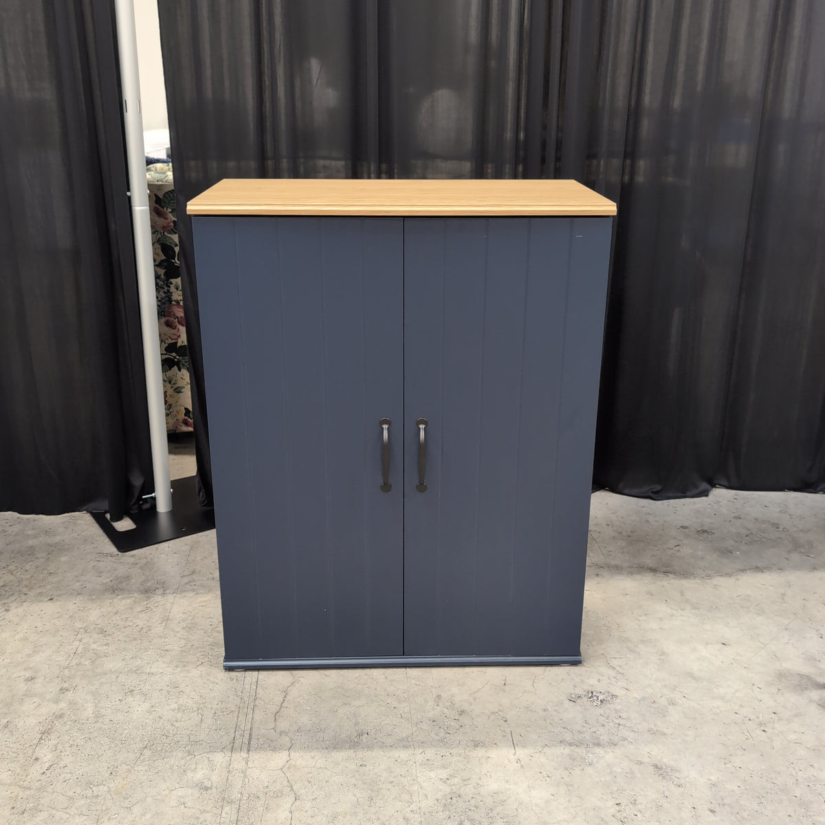 Modern Navy Blue Two-Door cabinet with Wood Top