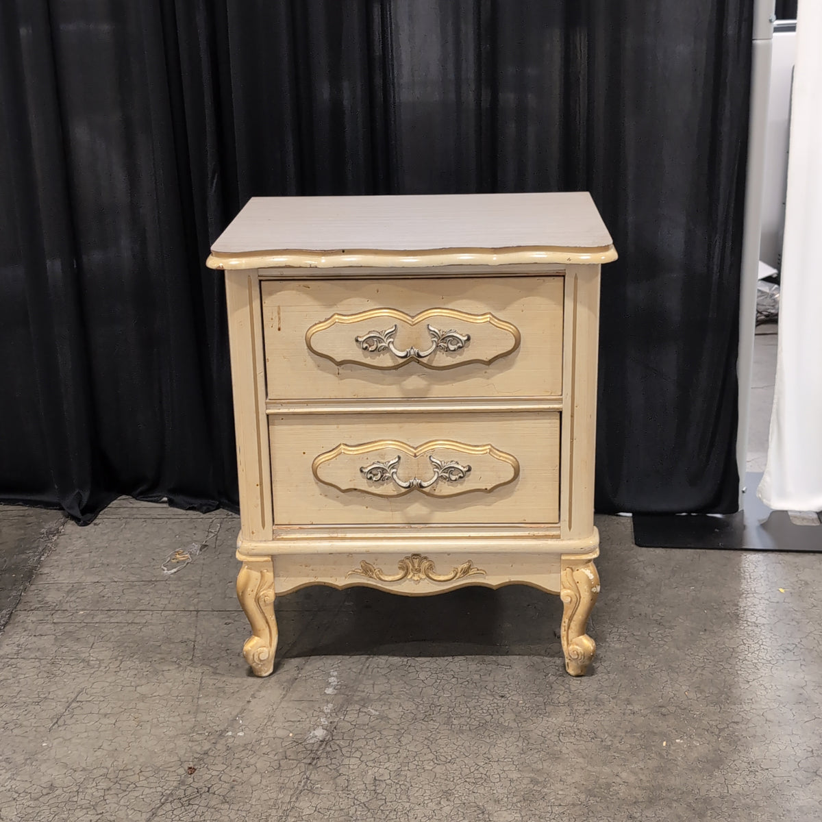 French Provincial Style Two-Drawer Nightstand in Cream Wood
