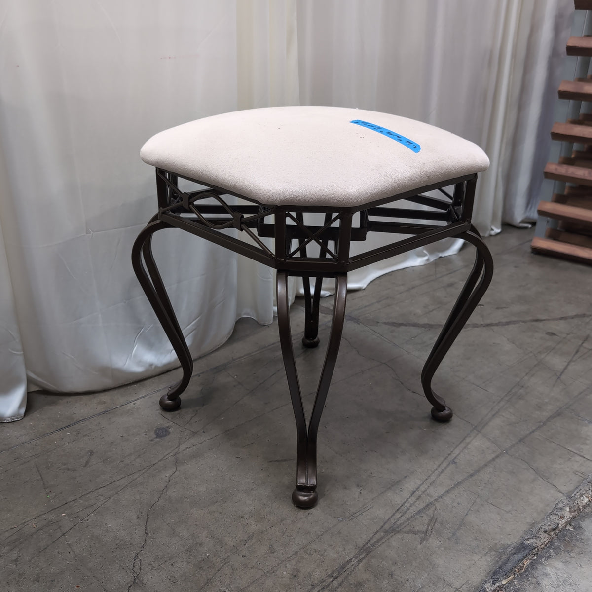 Dark Bronze Ornate Metal Vanity Stool with Cream Upholstery