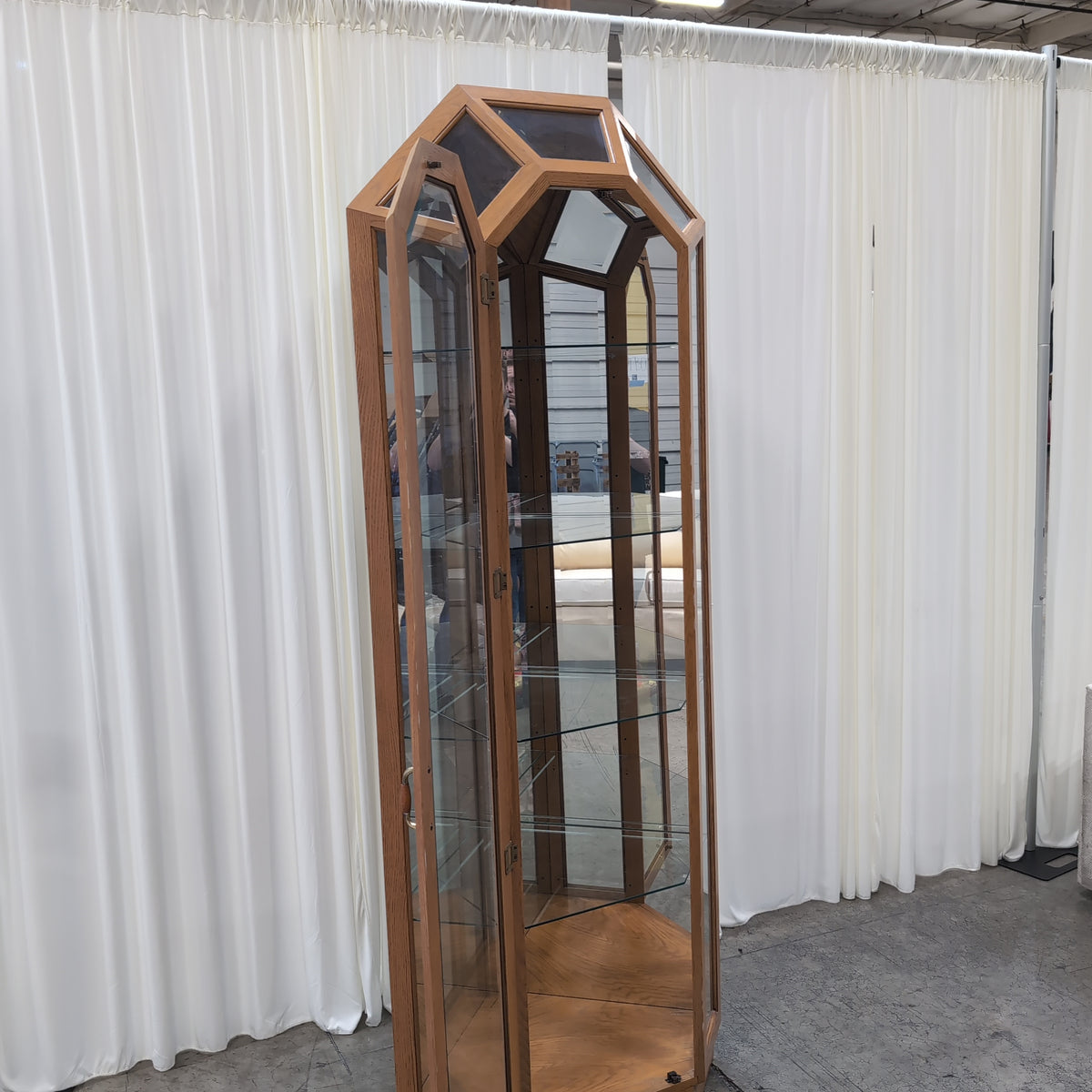 Light Wood Octagonal China Cabinet with Glass Shelves